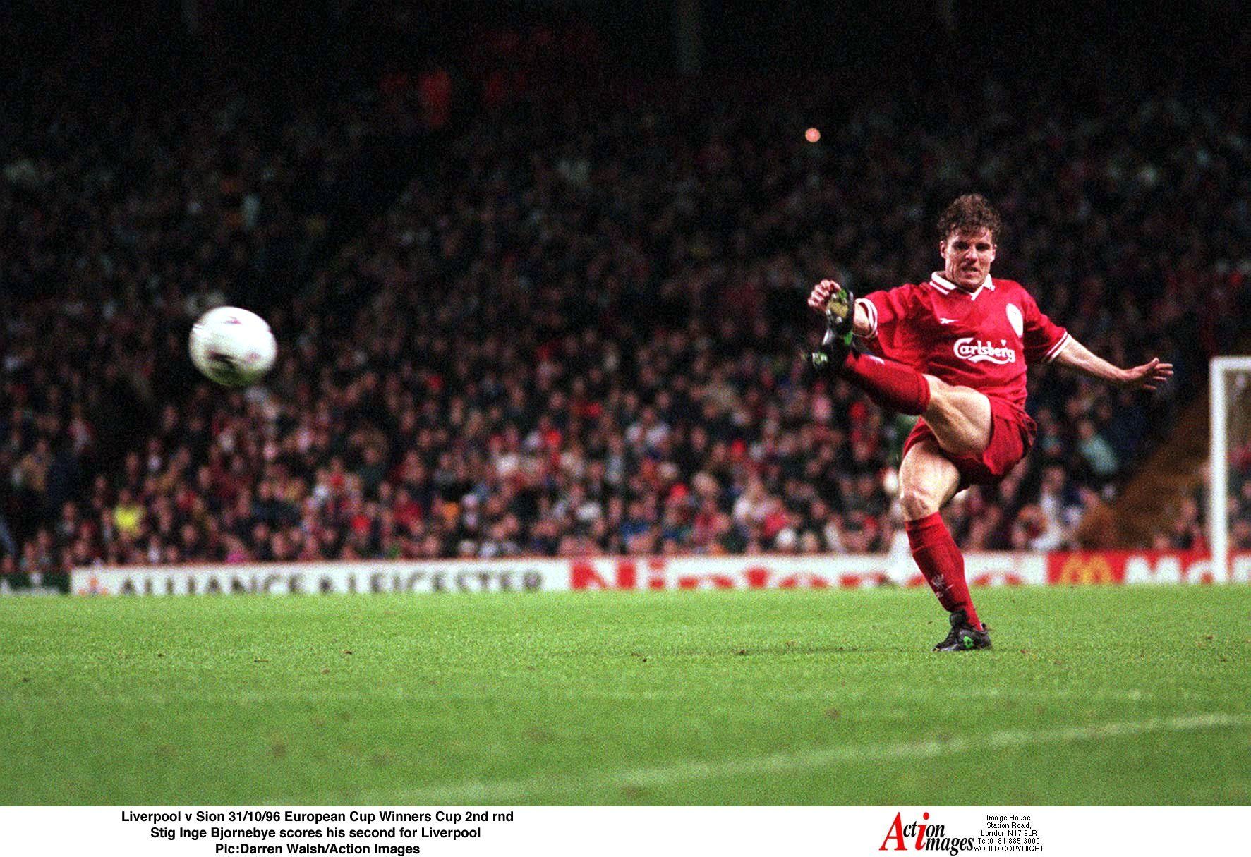 Liverpool v Sion 31/10/96 European Cup Winners Cup 2nd rnd 
Stig Inge Bjornebye scores his second for Liverpool  
Pic:Darren Walsh/Action Images