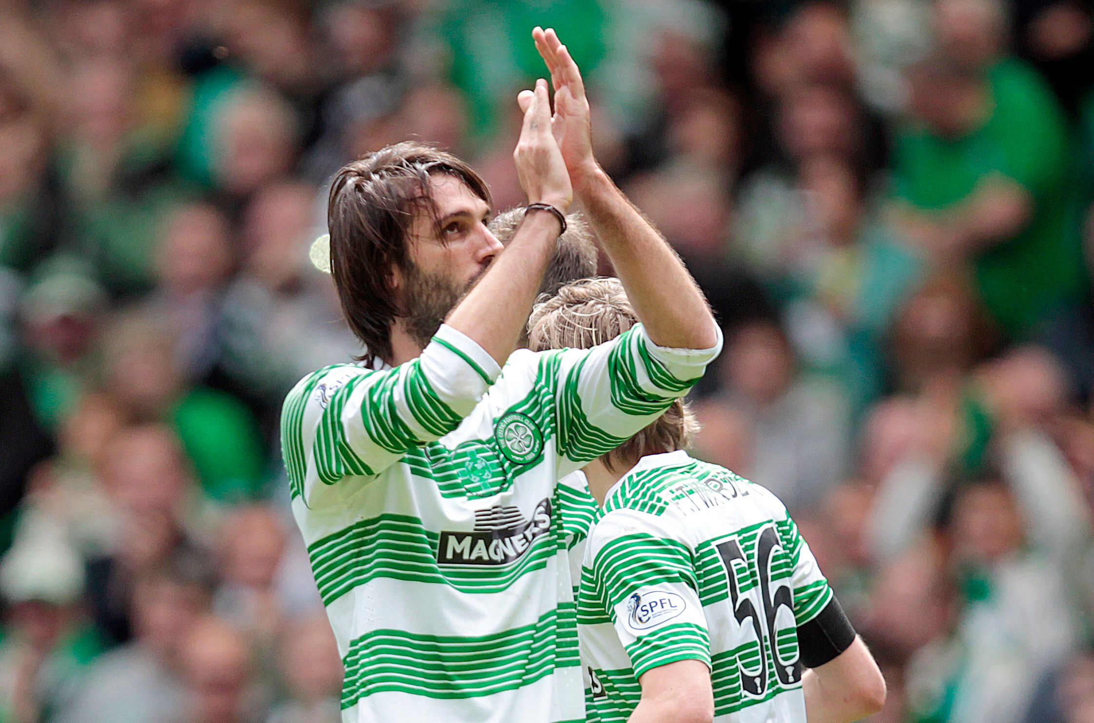 Football - Celtic v Dundee United - Scottish Premiership - Celtic Park - 11/5/14 
Celtic's Georgios Samaras celebrates scoring their second goal  
Mandatory Credit: Action Images / Graham Stuart 
Livepic 
EDITORIAL USE ONLY. No use with unauthorized audio, video, data, fixture lists, club/league logos or 
