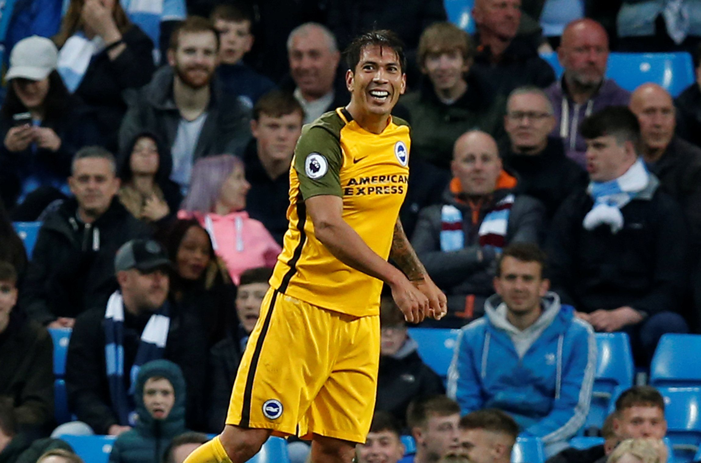 Soccer Football - Premier League - Manchester City v Brighton &amp; Hove Albion - Etihad Stadium, Manchester, Britain - May 9, 2018   Brighton's Leonardo Ulloa celebrates scoring their first goal    REUTERS/Andrew Yates    EDITORIAL USE ONLY. No use with unauthorized audio, video, data, fixture lists, club/league logos or "live" services. Online in-match use limited to 75 images, no video emulation. No use in betting, games or single club/league/player publications.  Please contact your account 