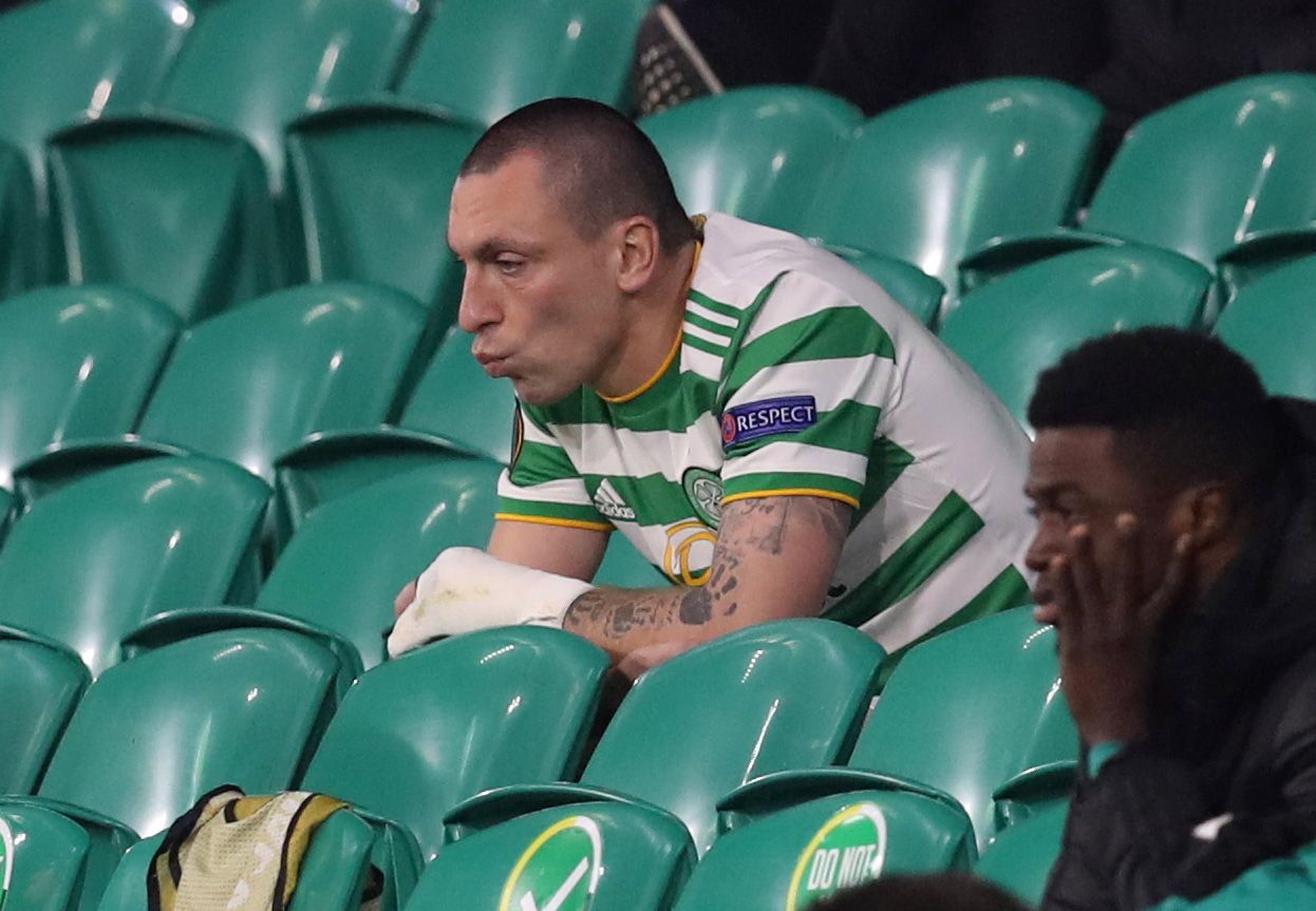 Soccer Football - Europa League - Group H - Celtic v Sparta Prague - Celtic Park, Glasgow, Scotland, Britain - November 5, 2020  Celtic's Scott Brown looks dejected in the stands after being substituted Pool via REUTERS/Russell Cheyne