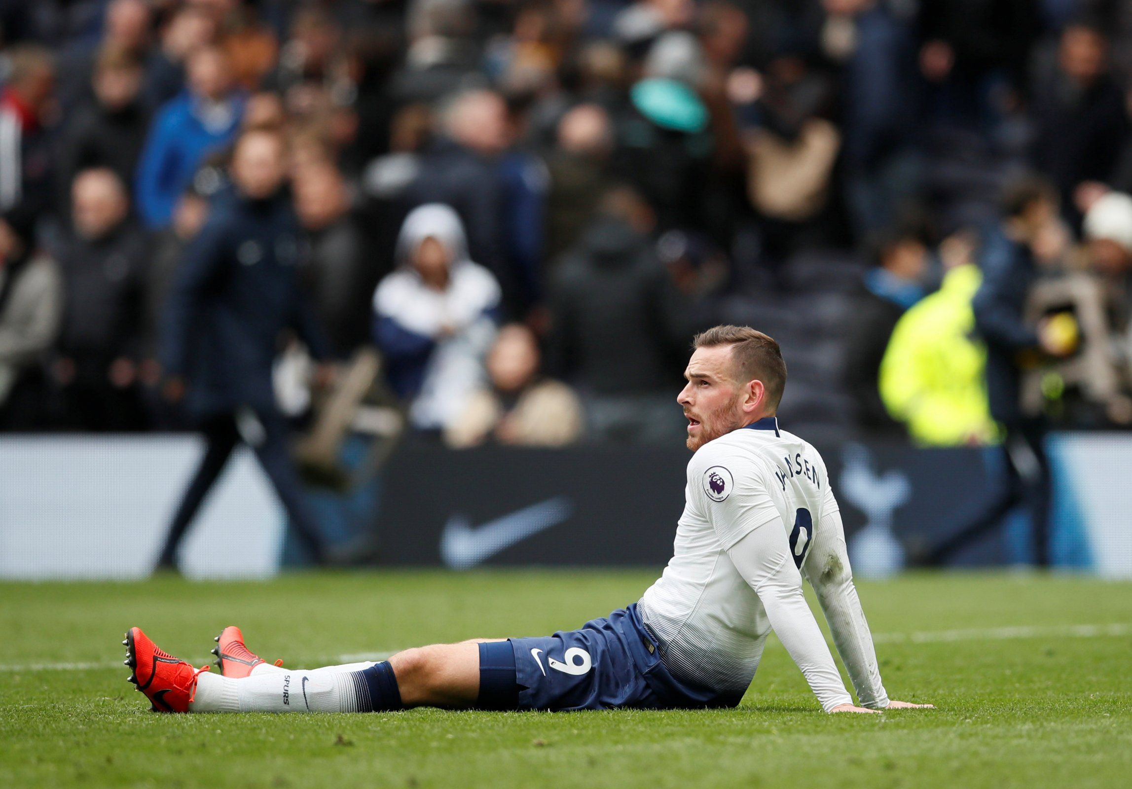 Tottenham's Vincent Janssen reacts after the match
