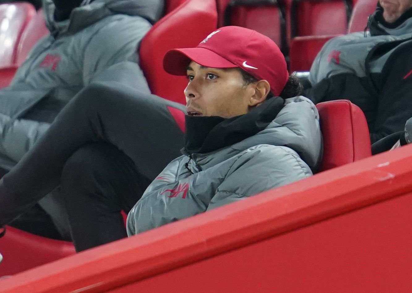 Soccer Football - Premier League - Liverpool v Wolverhampton Wanderers - Anfield, Liverpool, Britain - December 6, 2020 Liverpool's Virgil van Dijk watches the match from the stands Pool via REUTERS/Jon Super EDITORIAL USE ONLY. No use with unauthorized audio, video, data, fixture lists, club/league logos or 'live' services. Online in-match use limited to 75 images, no video emulation. No use in betting, games or single club /league/player publications.  Please contact your account representativ