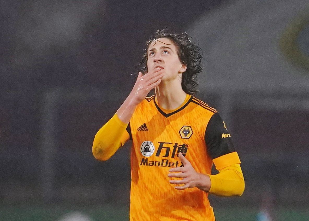 Soccer Football - Premier League - Burnley v Wolverhampton Wanderers - Turf Moor, Burnley, Britain - December 21, 2020 Wolverhampton Wanderers' Fabio Silva celebrates scoring their first goal from the penalty spot Pool via REUTERS/Jon Super EDITORIAL USE ONLY. No use with unauthorized audio, video, data, fixture lists, club/league logos or 'live' services. Online in-match use limited to 75 images, no video emulation. No use in betting, games or single club /league/player publications.  Please co