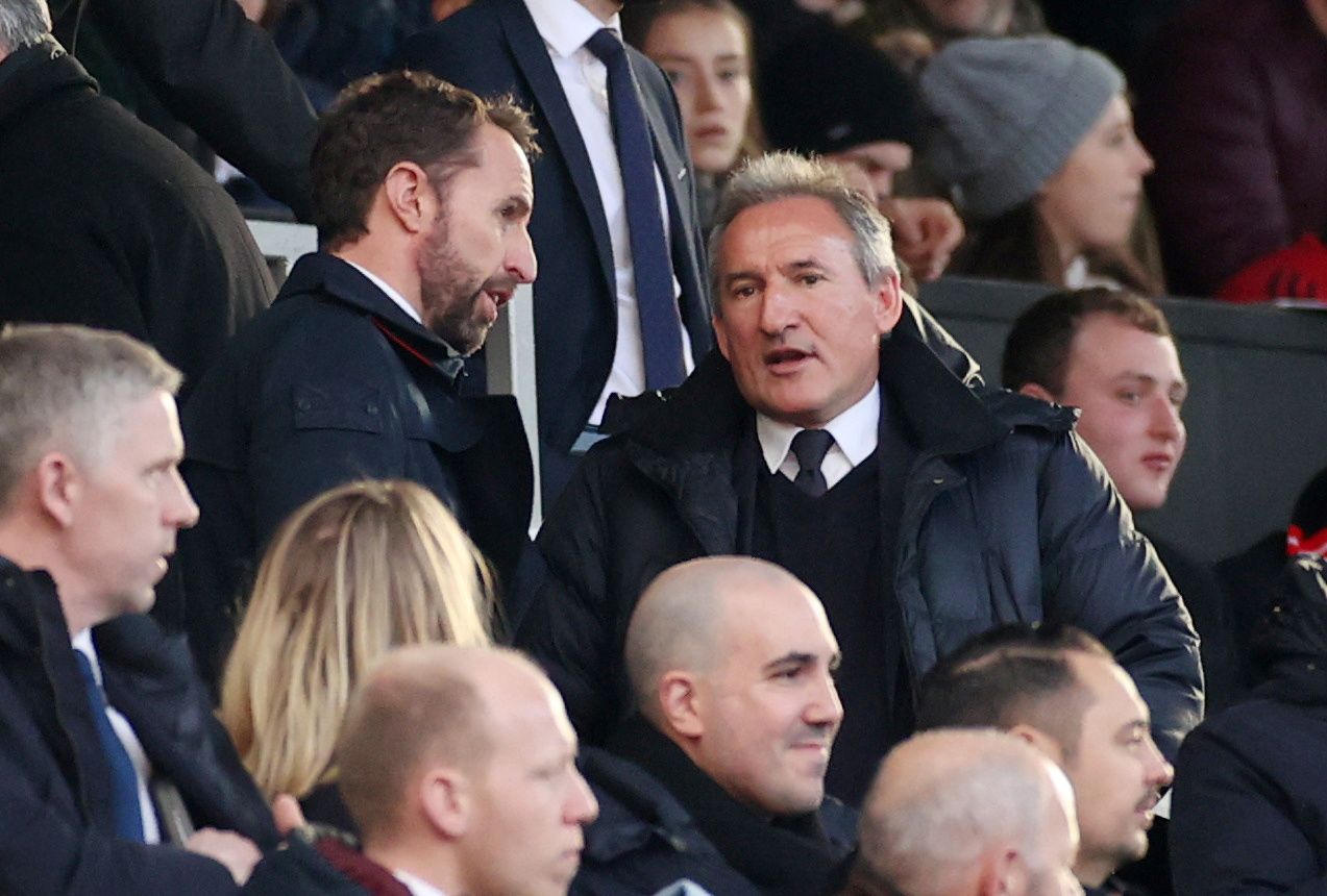 Soccer Football - Premier League - Manchester United v Manchester City - Old Trafford, Manchester, Britain - March 8, 2020  England manager Gareth Southgate in the stands with Manchester City Director of Football Txiki Begiristain before the match  Action Images via Reuters/Carl Recine  EDITORIAL USE ONLY. No use with unauthorized audio, video, data, fixture lists, club/league logos or 