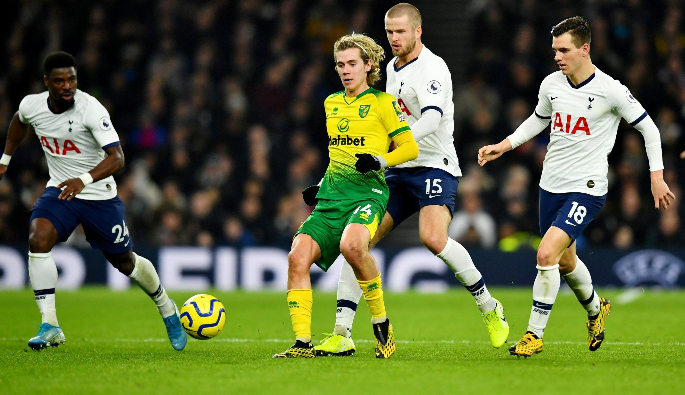 norwich city playmaker todd cantwell in action against spurs premier league