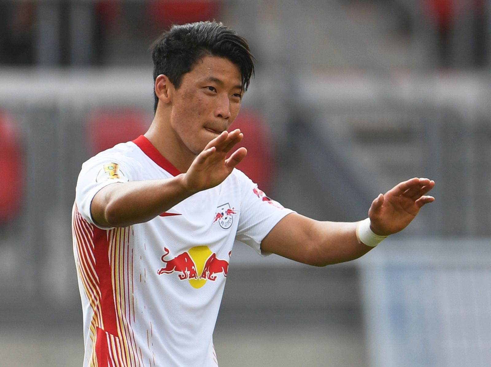 Soccer Football - DFB Cup - First Round - 1. FC Nurnberg v RB Leipzig - Max-Morlock-Stadion, Nuremberg, Germany - September 12, 2020  RB Leipzig's Hwang Hee-Chan celebrates scoring their third goal      REUTERS/Andreas Gebert/Pool  DFB regulations prohibit any use of photographs as image sequences and/or quasi-video