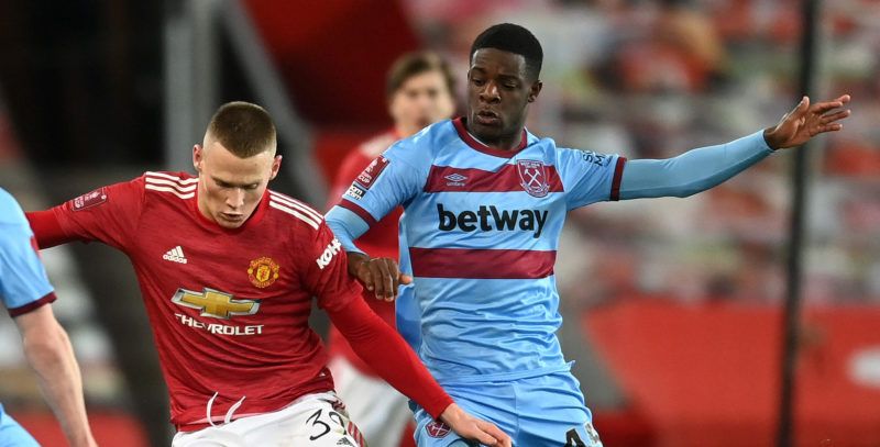 MANCHESTER, ENGLAND - FEBRUARY 09: Scott McTominay of Manchester United battles for possession with (R) Ademipo Odubeko and Declan Rice (L) of West Ham United during The Emirates FA Cup Fifth Round match between Manchester United and West Ham United at Old Trafford on February 09, 2021 in Manchester, England. Sporting stadiums around the UK remain under strict restrictions due to the Coronavirus Pandemic as Government social distancing laws prohibit fans inside venues resulting in games being pl