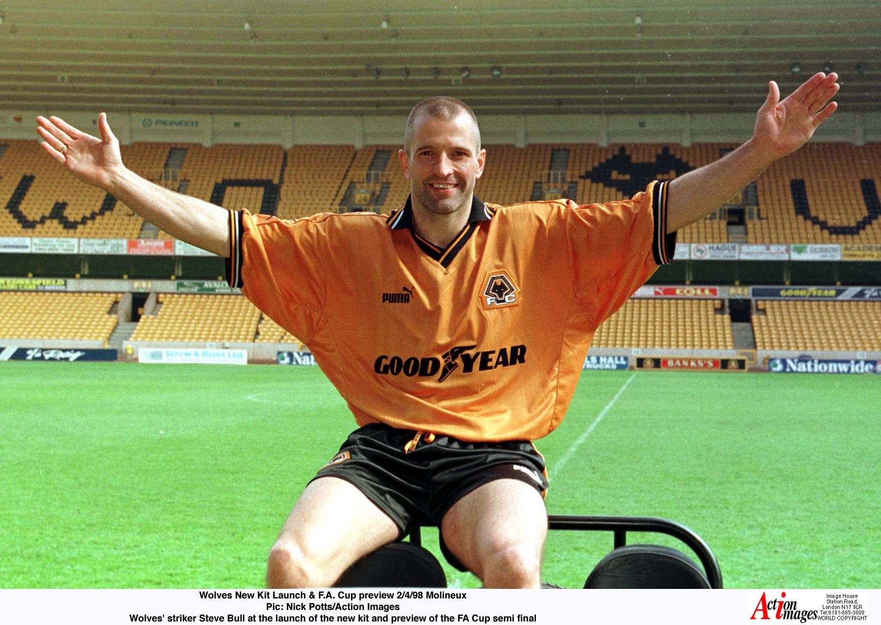 Wolves New Kit Launch &amp; FA Cup  preview 2/4/98 Molineux 
Pic: Nick Potts/Action Images 
Wolves' striker Steve Bull at the launch of the new kit and preview of the FA Cup semi final 
Wolverhampton Wanderers