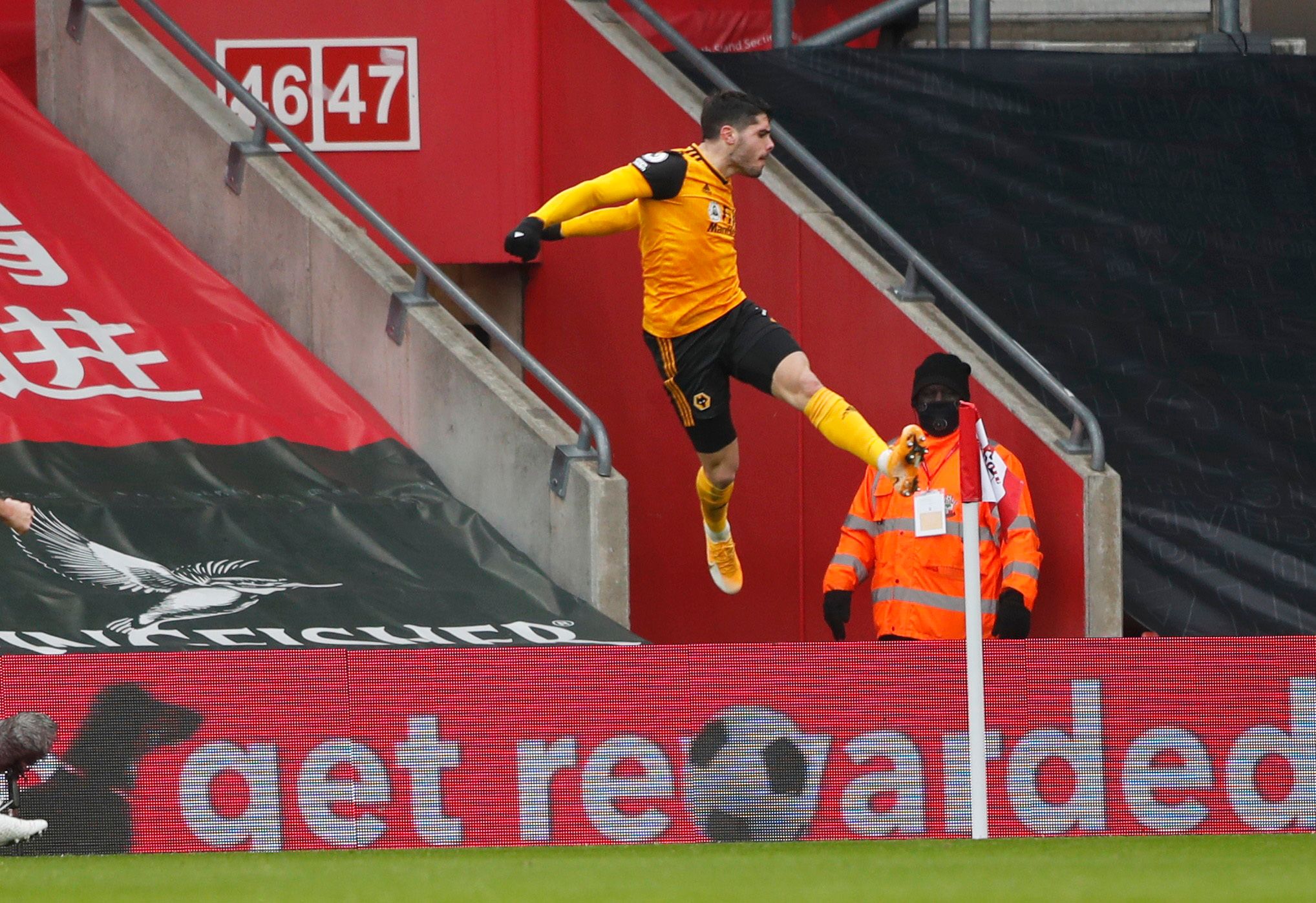 Soccer Football - Premier League - Southampton v Wolverhampton Wanderers - St Mary's Stadium, Southampton, Britain - February 14, 2021 Wolverhampton Wanderers' Pedro Neto celebrates scoring their second goal Pool via REUTERS/Frank Augstein EDITORIAL USE ONLY. No use with unauthorized audio, video, data, fixture lists, club/league logos or 'live' services. Online in-match use limited to 75 images, no video emulation. No use in betting, games or single club /league/player publications.  Please con