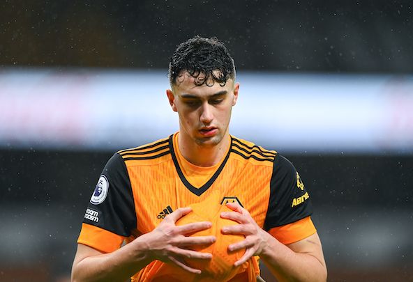 WOLVERHAMPTON, ENGLAND - FEBRUARY 02: Max Kilman of Wolverhampton Wanderers during the Premier League match between Wolverhampton Wanderers and Arsenal at Molineux on February 2, 2021 in Wolverhampton, United Kingdom. Sporting stadiums around the UK remain under strict restrictions due to the Coronavirus Pandemic as Government social distancing laws prohibit fans inside venues resulting in games being played behind closed doors. (Photo by Sam Bagnall - AMA/Getty Images)