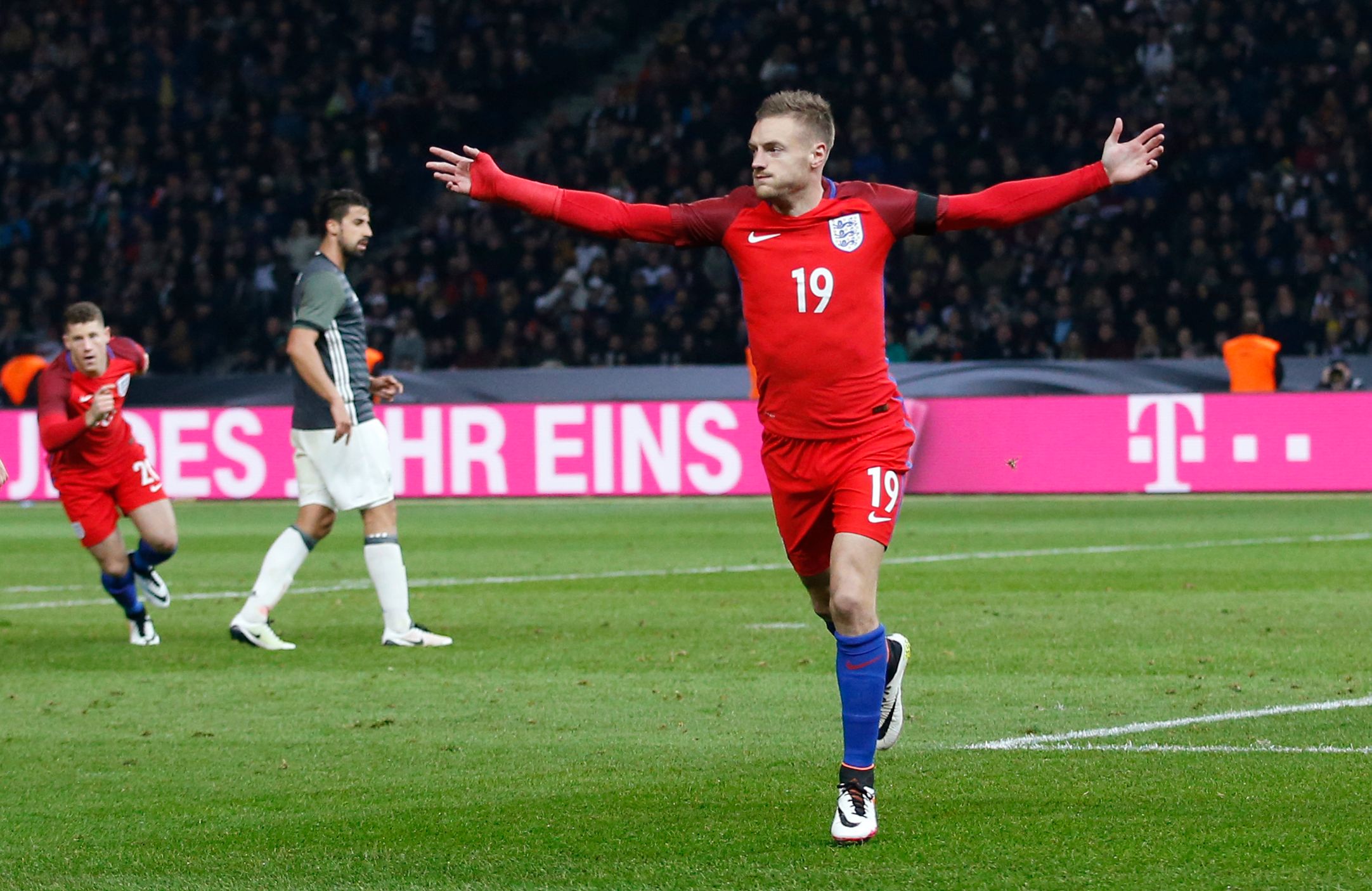 Football Soccer - Germany v England - International Friendly - Olympiastadion, Berlin, Germany - 26/3/16 
Jamie Vardy celebrates after scoring the second goal for England 
Action Images via Reuters / Carl Recine 
Livepic 
EDITORIAL USE ONLY.
