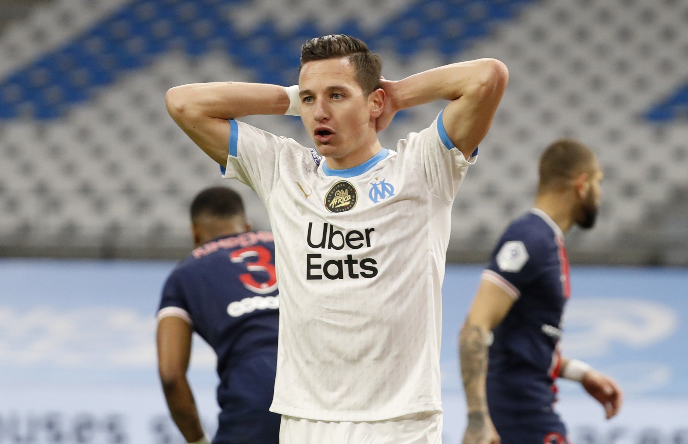 marseille winger florian thauvin reacts to missed chance vs psg ligue 1