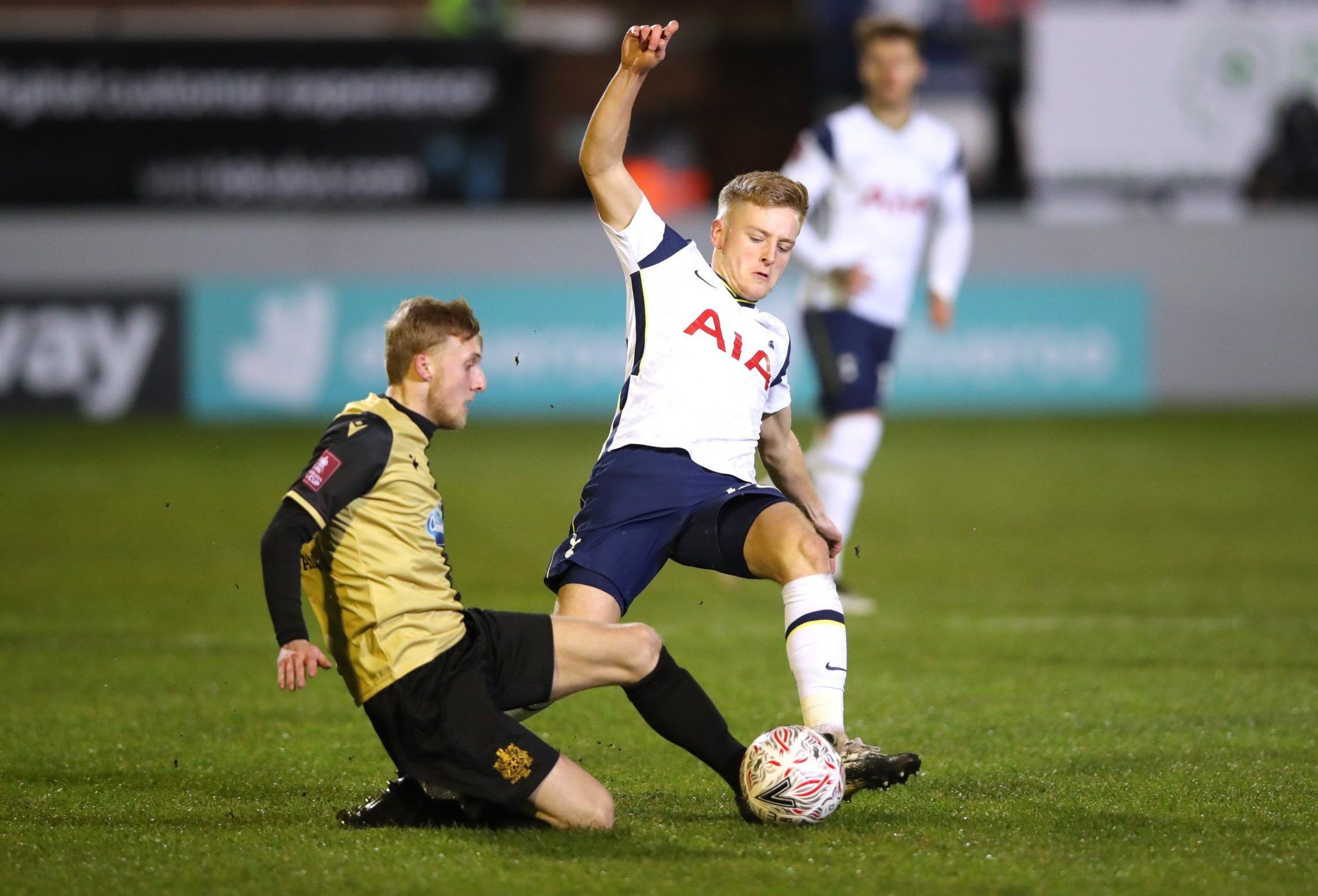 spurs midfielder harvey white in action in fa cup clash with marine