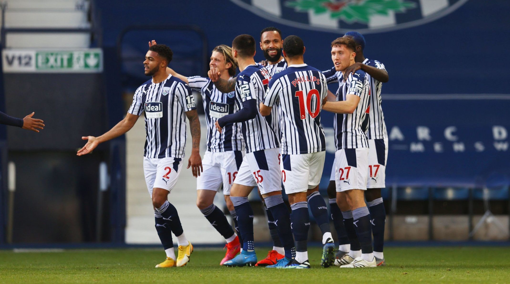 west brom players celebrate after kyle bartley goal vs brighton premier league
