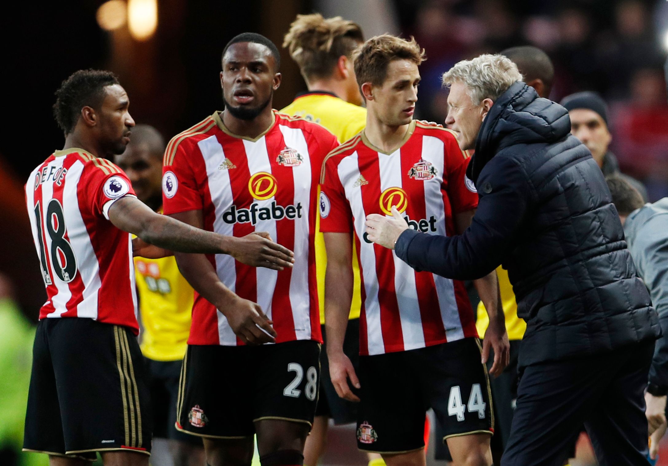 Britain Football Soccer - Sunderland v Watford - Premier League - Stadium of Light - 17/12/16 Sunderland manager David Moyes with Sunderland's Jermain Defoe, Victor Anichebe and Adnan Januzaj  Action Images via Reuters / Lee Smith Livepic EDITORIAL USE ONLY. No use with unauthorized audio, video, data, fixture lists, club/league logos or "live" services. Online in-match use limited to 45 images, no video emulation. No use in betting, games or single club/league/player publications. Please contac