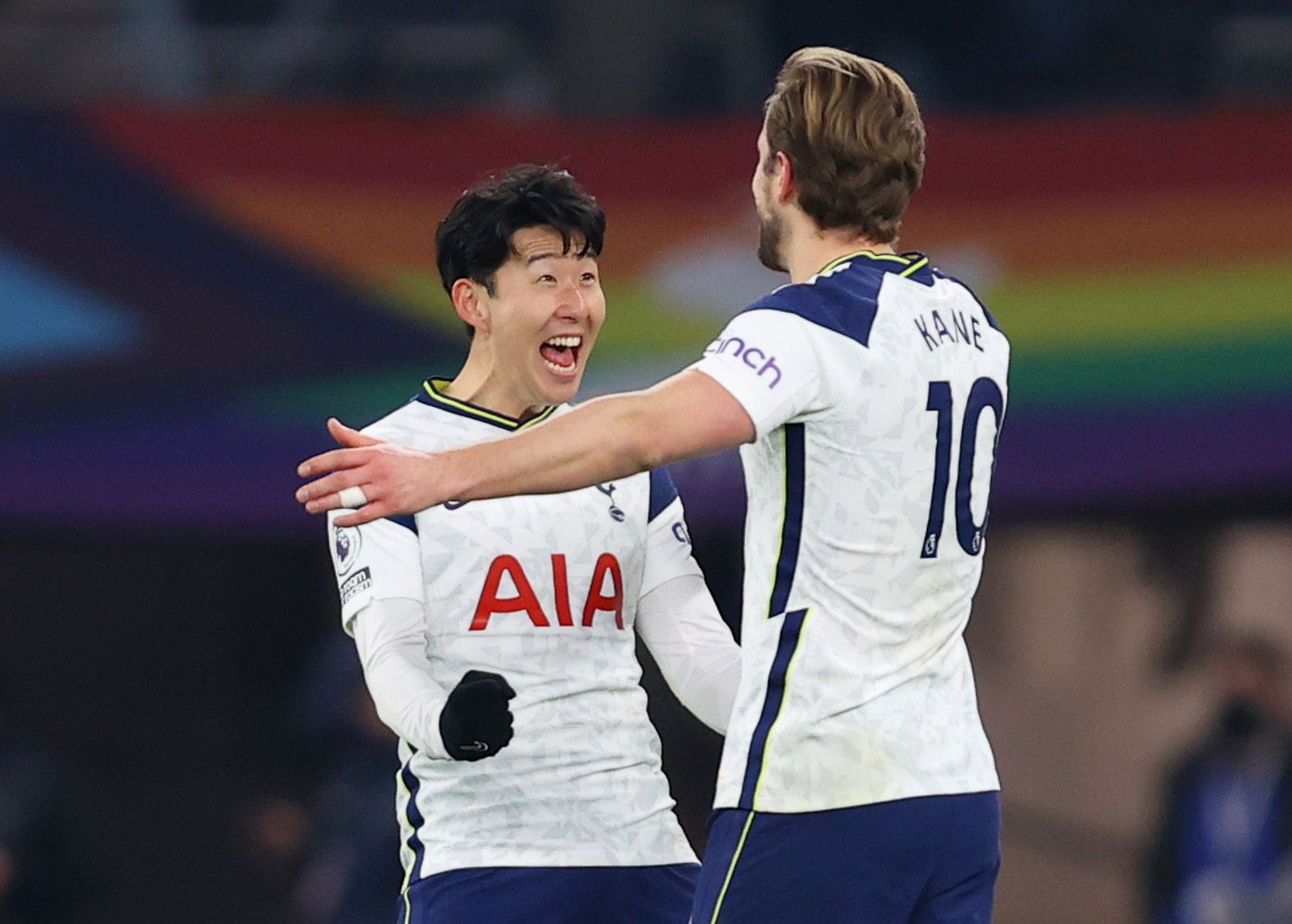 Soccer Football - Premier League - Tottenham Hotspur v Crystal Palace - Tottenham Hotspur Stadium, London, Britain - March 7, 2021 Tottenham Hotspur's Harry Kane celebrates scoring their fourth goal with Son Heung-min Pool via REUTERS/Julian Finney EDITORIAL USE ONLY. No use with unauthorized audio, video, data, fixture lists, club/league logos or 'live' services. Online in-match use limited to 75 images, no video emulation. No use in betting, games or single club /league/player publications. P