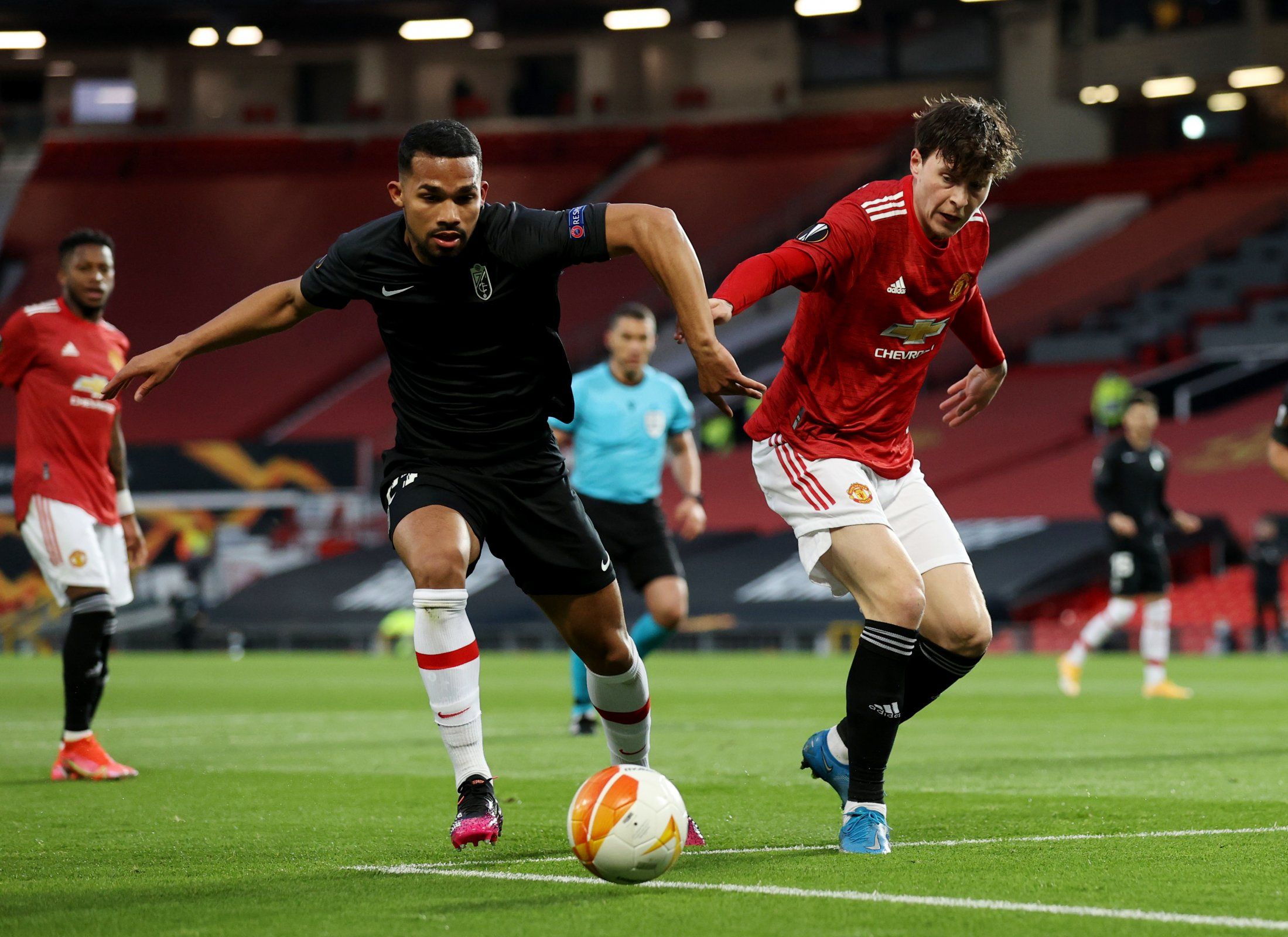 Granada's Yangel Herrera in Europa League - Quarter Final action with Manchester United's Victor Lindelof