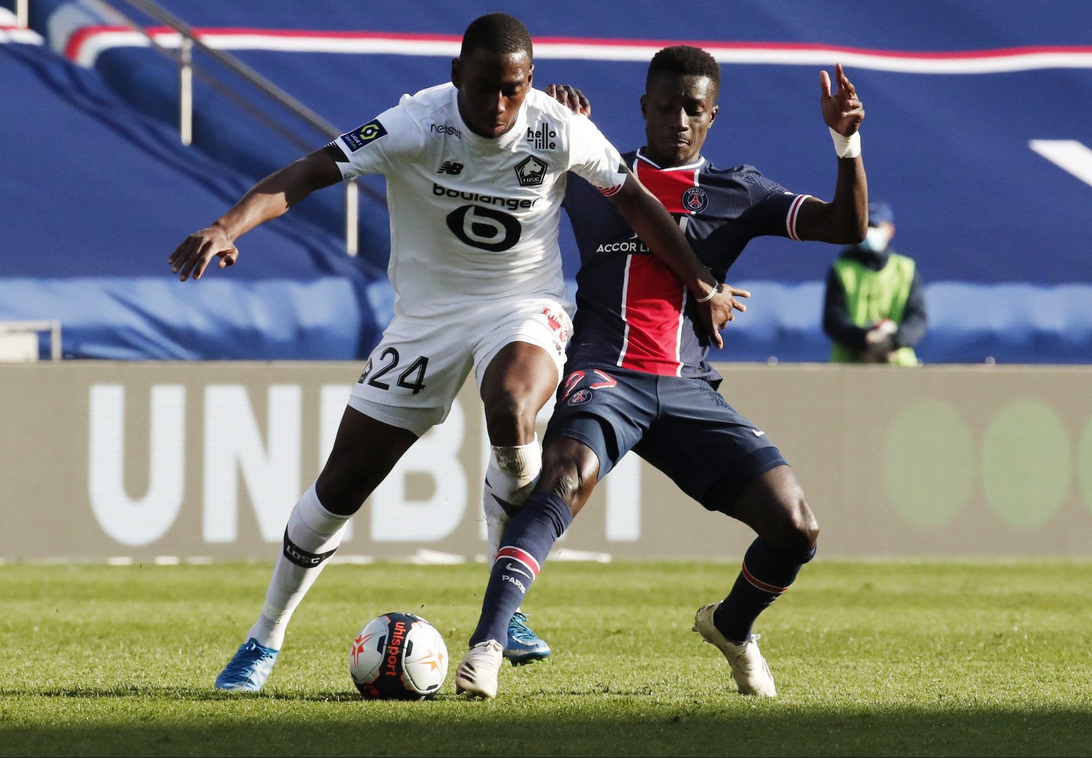 lille midfielder boubakary soumare in action against psg star idrissa gueye ligue 1
