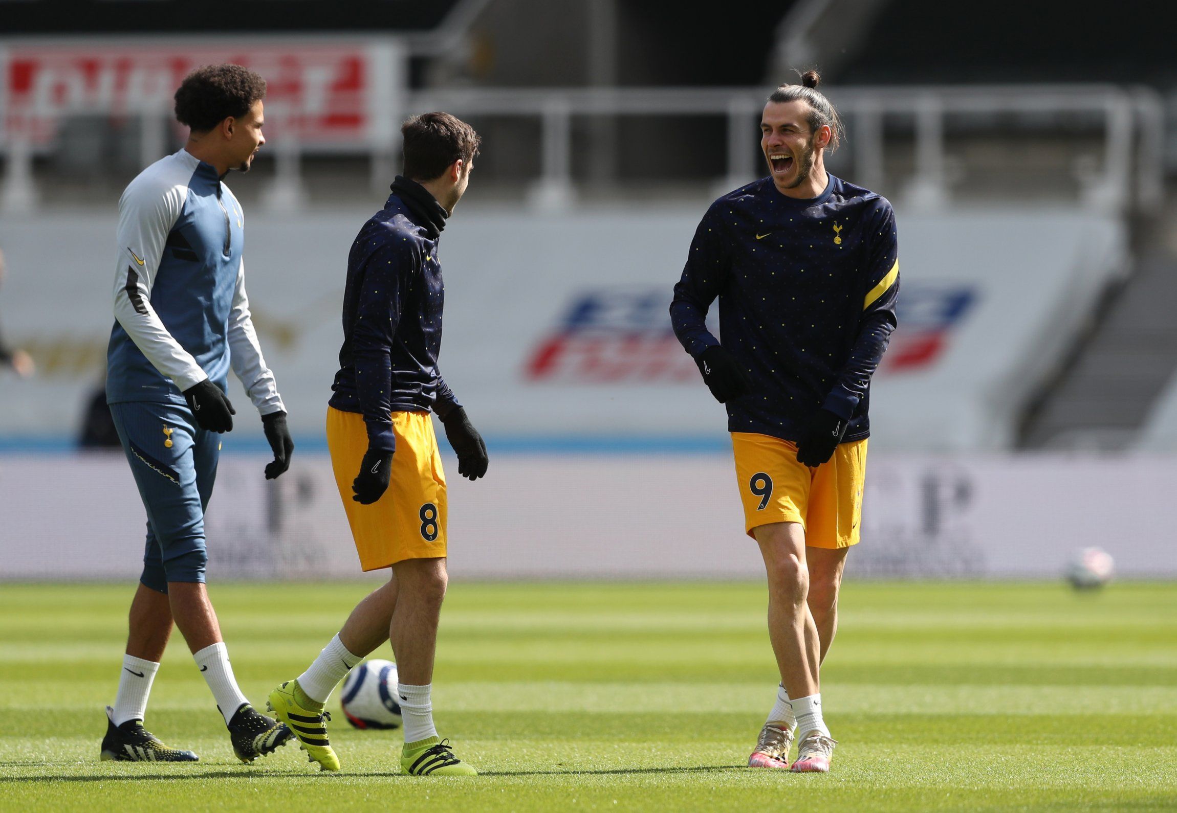 spurs winger gareth bale in warm up laughing with dele alli and harry winks pre-game newcastle premier league