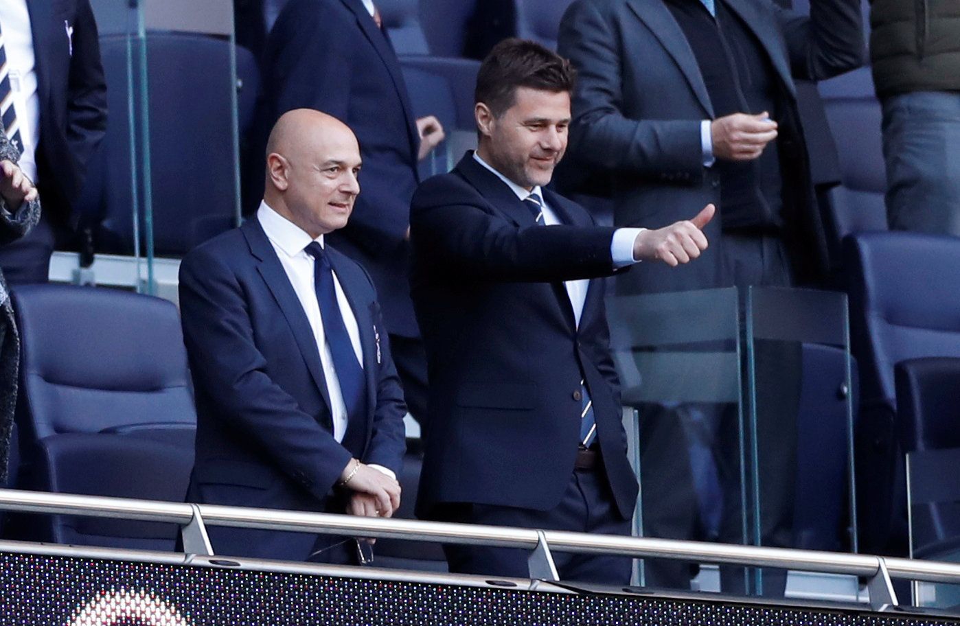 Soccer Football - Tottenham Hotspur Stadium Test Event - Under 18 Premier League - Tottenham Hotspur v Southampton - Tottenham Hotspur Stadium, London, Britain - March 24, 2019  Tottenham manager Mauricio Pochettino and chairman Daniel Levy in the stands   Action Images via Reuters/Paul Childs