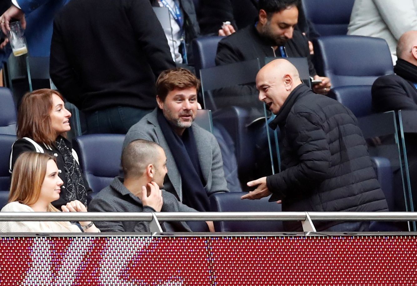 NFL Football - Carolina Panthers v Tampa Bay Buccaneers - NFL International Series - Tottenham Hotspur Stadium, London, Britain - October 13, 2019  Tottenham Hotspur chairman Daniel Levy and Tottenham Hotspur manager Mauricio Pochettino in the stands during the match  Action Images via Reuters/Andrew Boyers