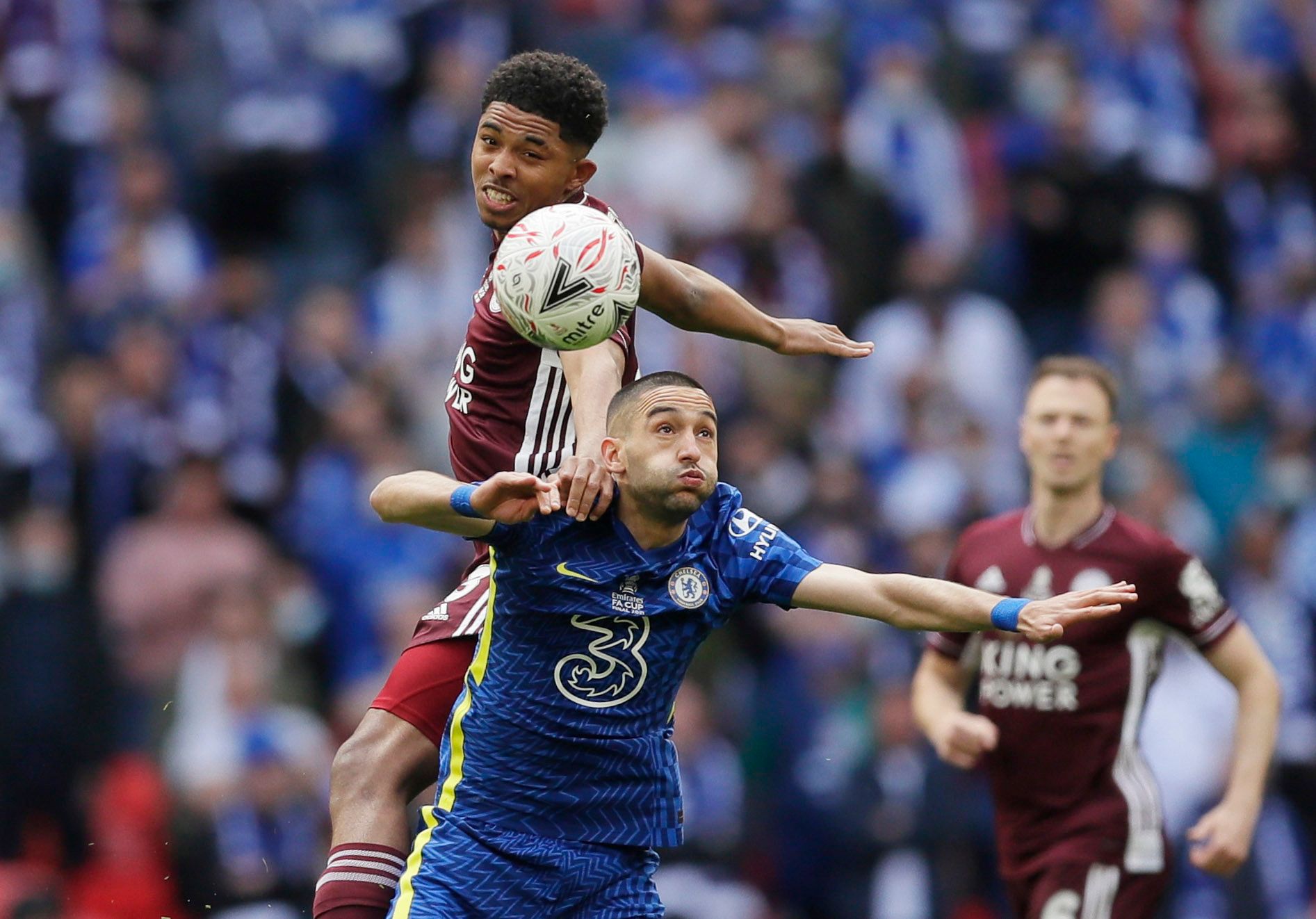 Soccer Football - FA Cup Final - Chelsea v Leicester City - Wembley Stadium, London, Britain - May 15, 2021 Leicester City's Wesley Fofana in action with Chelsea's Hakim Ziyech Pool via REUTERS/Kirsty Wigglesworth