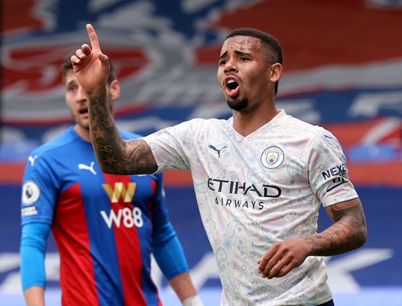 Soccer Football - Premier League - Crystal Palace v Manchester City - Selhurst Park, London, Britain - May 1, 2021 Manchester City's Gabriel Jesus reacts after his goal is disallowed Pool via REUTERS/Clive Rose EDITORIAL USE ONLY. No use with unauthorized audio, video, data, fixture lists, club/league logos or 'live' services. Online in-match use limited to 75 images, no video emulation. No use in betting, games or single club /league/player publications.  Please contact your account representat