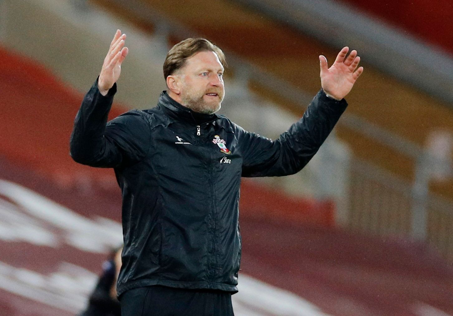 Soccer Football - Premier League - Liverpool v Southampton - Anfield, Liverpool, Britain - May 8, 2021 Southampton manager Ralph Hasenhuttl reacts Pool via REUTERS/Phil Noble EDITORIAL USE ONLY. No use with unauthorized audio, video, data, fixture lists, club/league logos or 'live' services. Online in-match use limited to 75 images, no video emulation. No use in betting, games or single club /league/player publications.  Please contact your account representative for further details.
