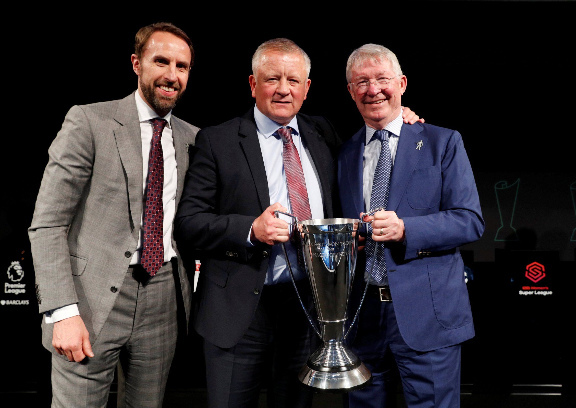 chris wilder poses with the sir alex ferguson trophy for lma manager of the year 2018/19