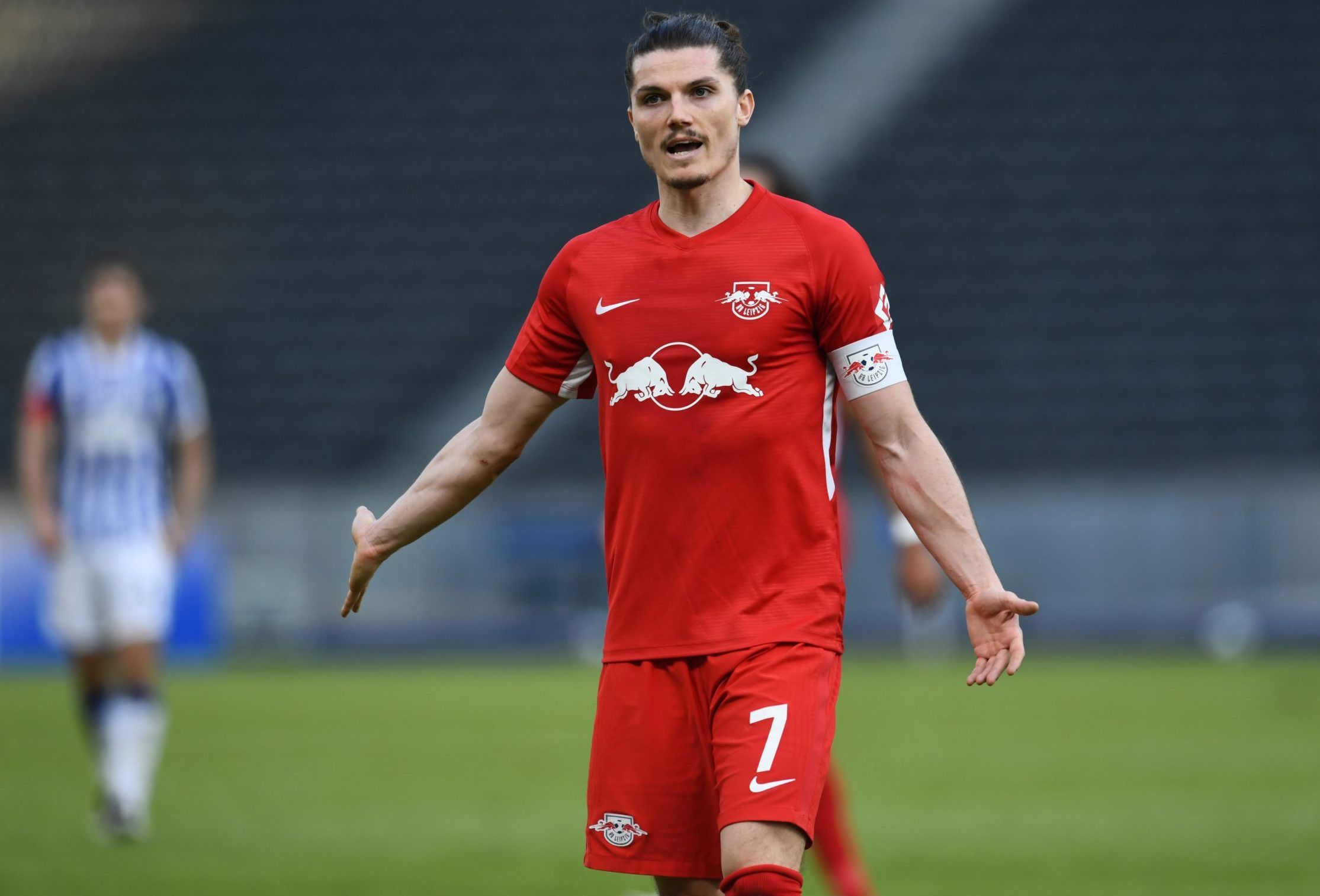 rb leipzig midfielder and captain marcel sabitzer reacts vs hertha bundesliga spurs transfer target
