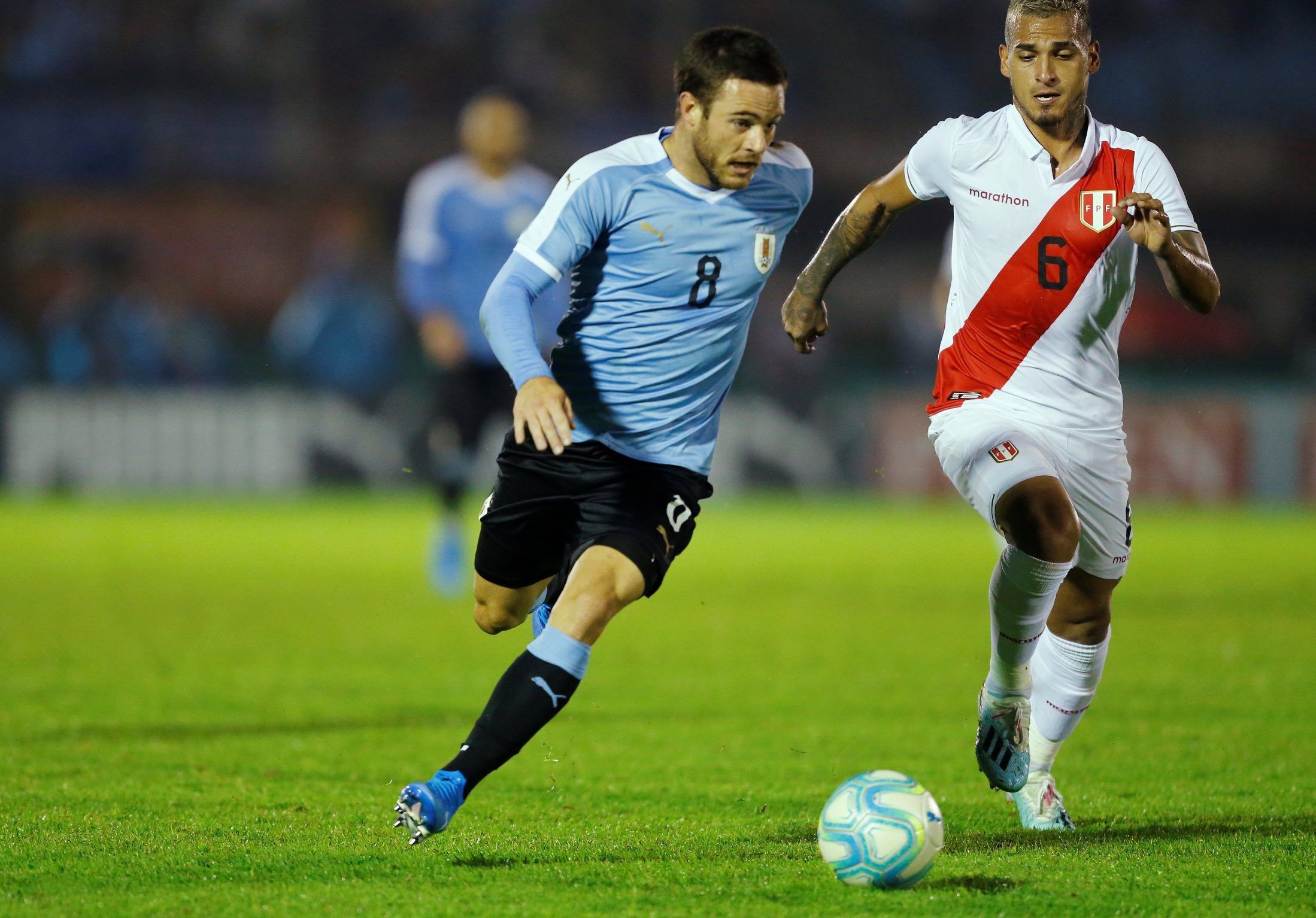 uruguay midfielder nahitan nandez in action against peru friendly west ham transfer target rumours