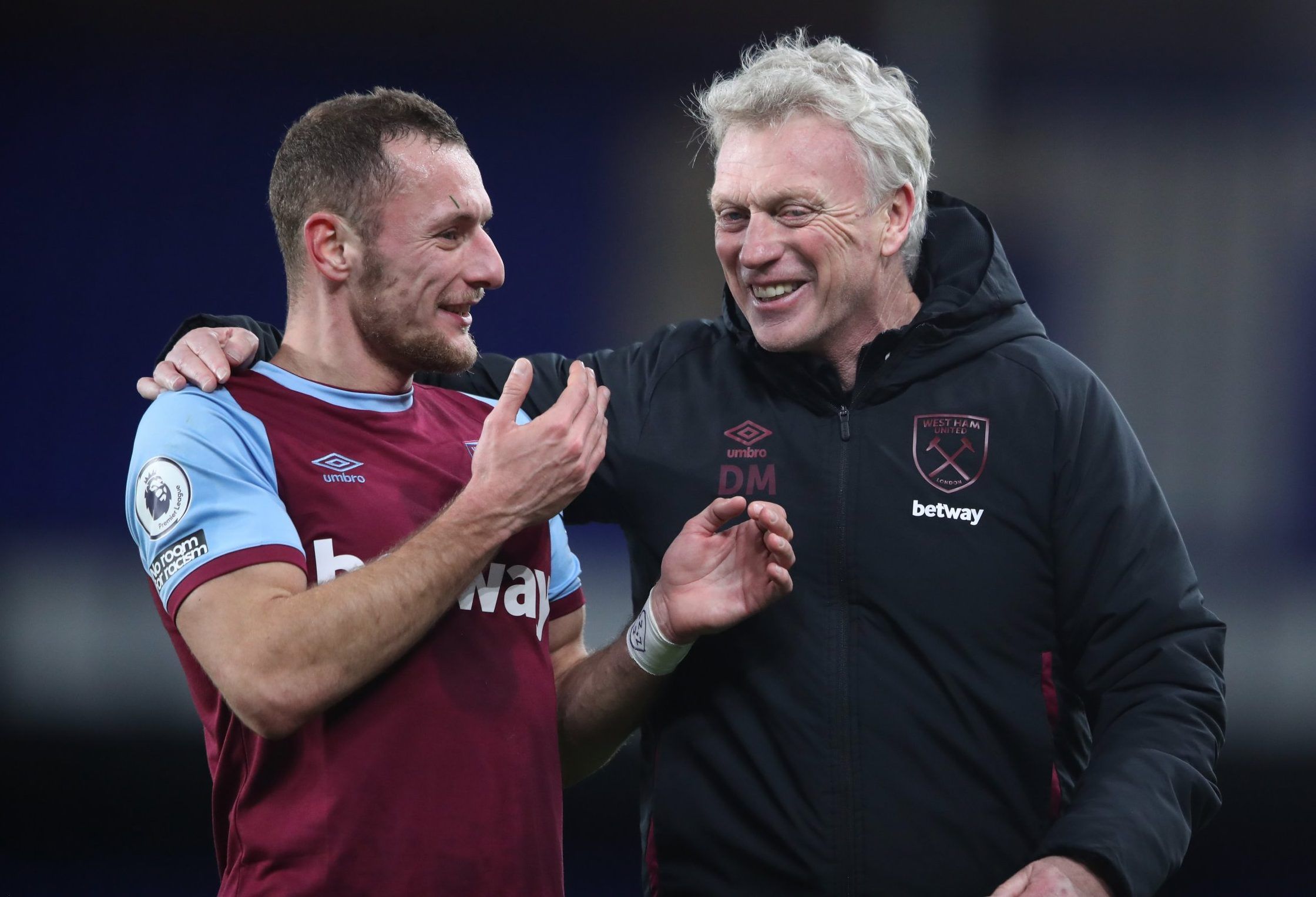 west ham defender vladimir coufal with manager david moyes after win over everton premier league