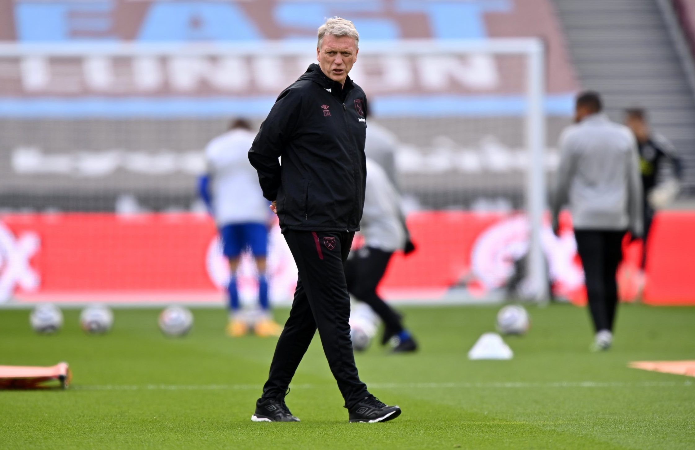 west ham manager david moyes walks across the pitch during warm up prior to premier league clash with leicester city at the london stadium