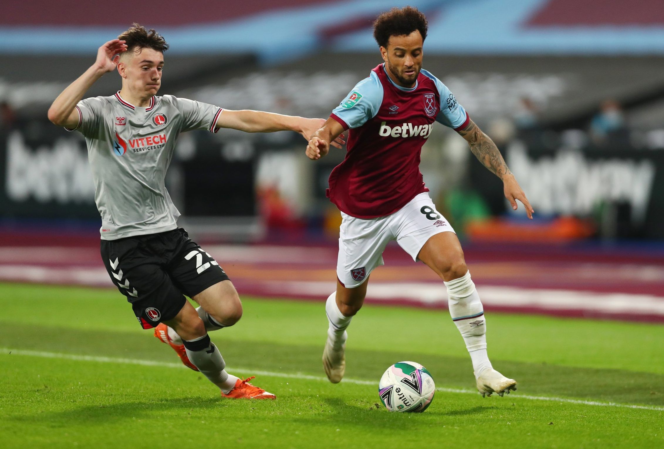 west ham winger felipe anderson in action agianst charlton athletic carabao cup