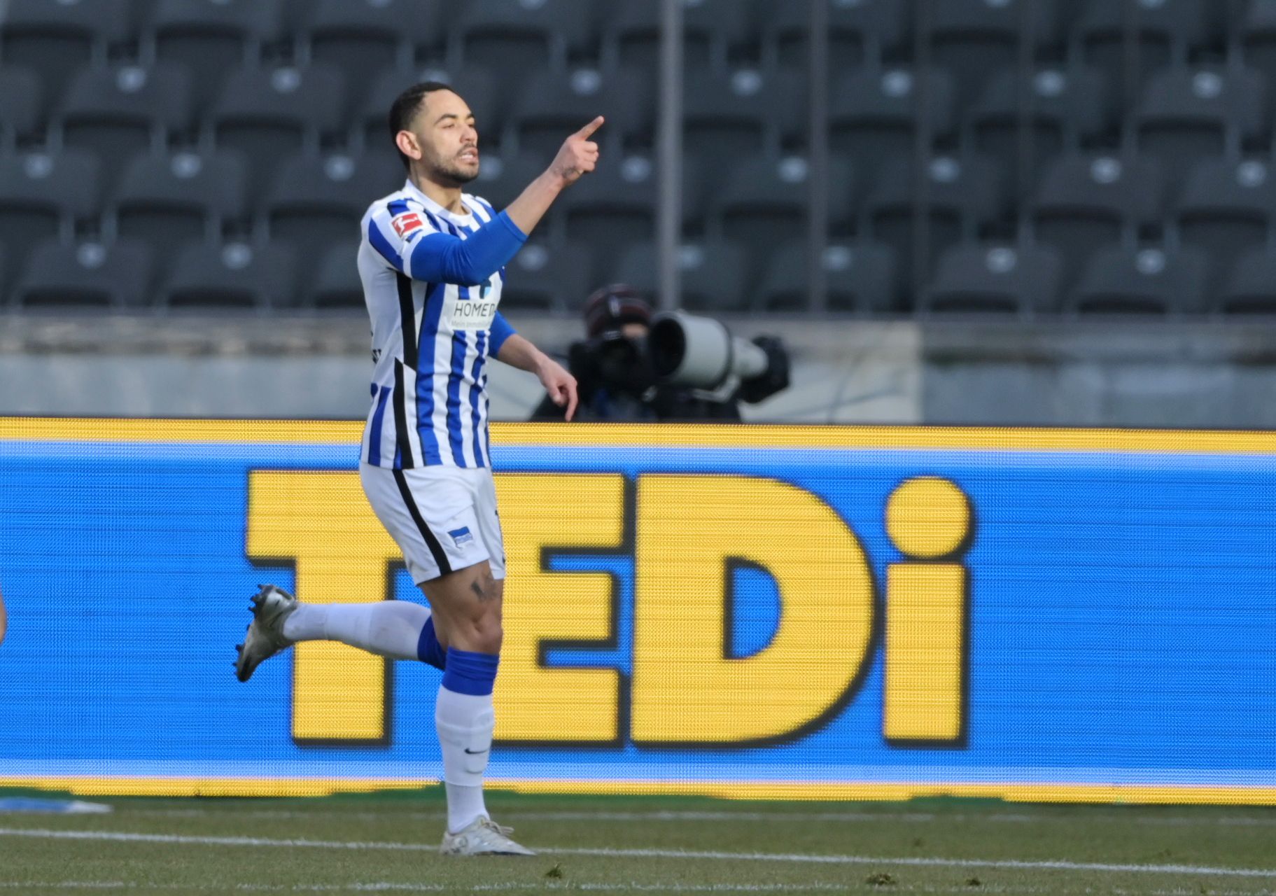Soccer Football - Bundesliga - Hertha BSC v Bayer Leverkusen - Olympiastadion, Berlin, Germany - March 21, 2021 Hertha BSC's Matheus Cunha celebrates scoring their second goal Pool via REUTERS/Soeren Stache DFL regulations prohibit any use of photographs as image sequences and/or quasi-video.