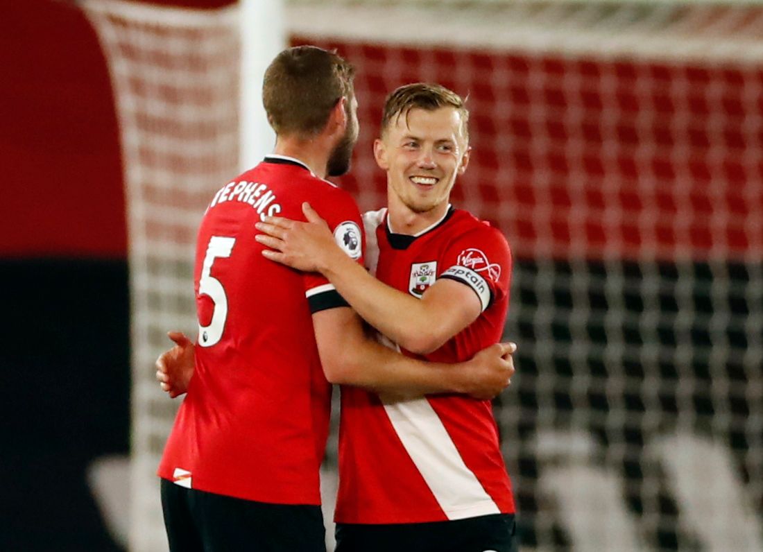 Soccer Football - Premier League - Southampton v Crystal Palace - St Mary's Stadium, Southampton, Britain - May 11, 2021 Southampton's James Ward-Prowse and Jannik Vestergaard celebrate after the match Pool via REUTERS/Andrew Boyers EDITORIAL USE ONLY. No use with unauthorized audio, video, data, fixture lists, club/league logos or 'live' services. Online in-match use limited to 75 images, no video emulation. No use in betting, games or single club /league/player publications.  Please contact yo