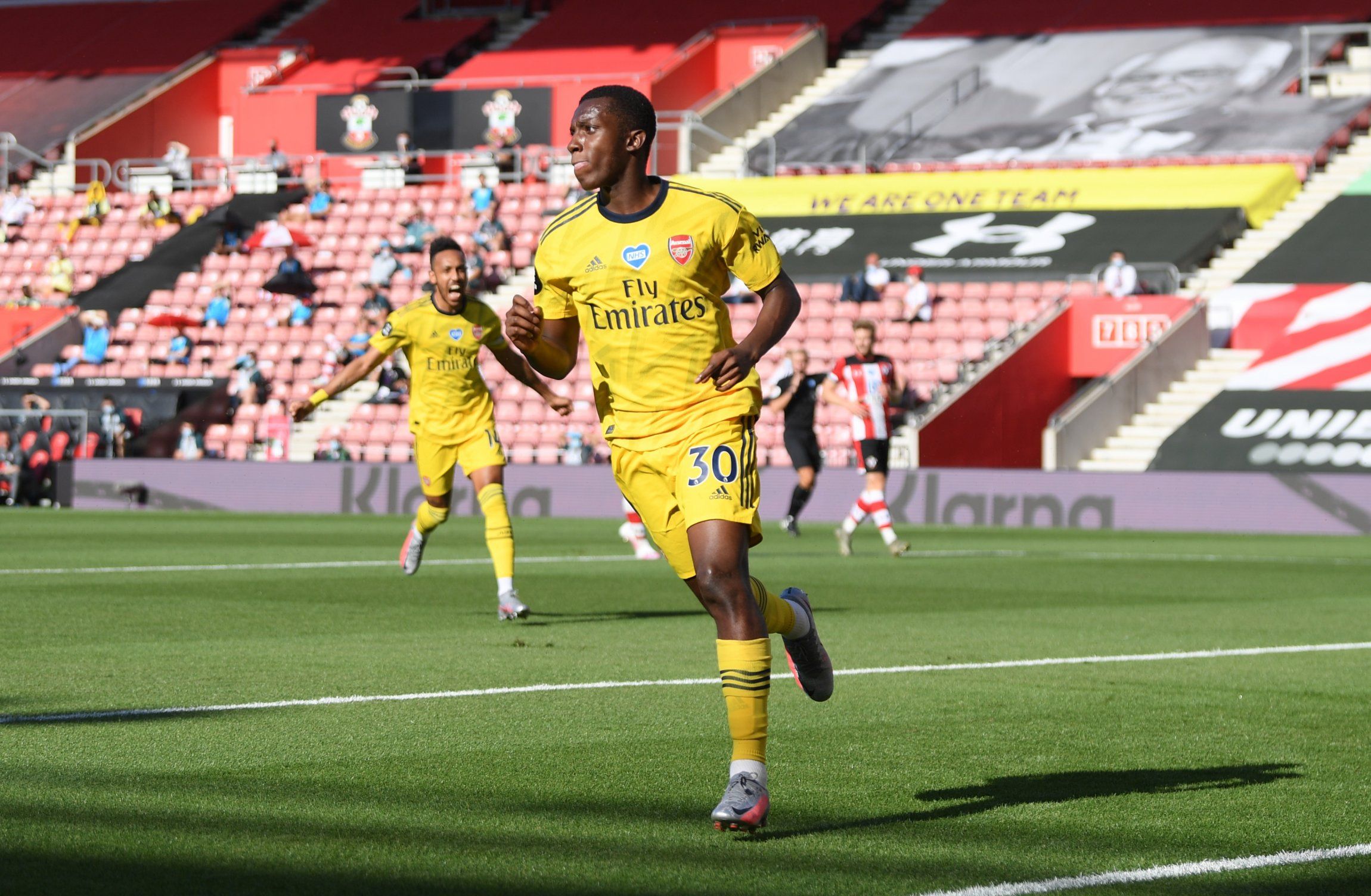 arsenal striker eddie nketiah celebrates scoring against southampton in the premier league