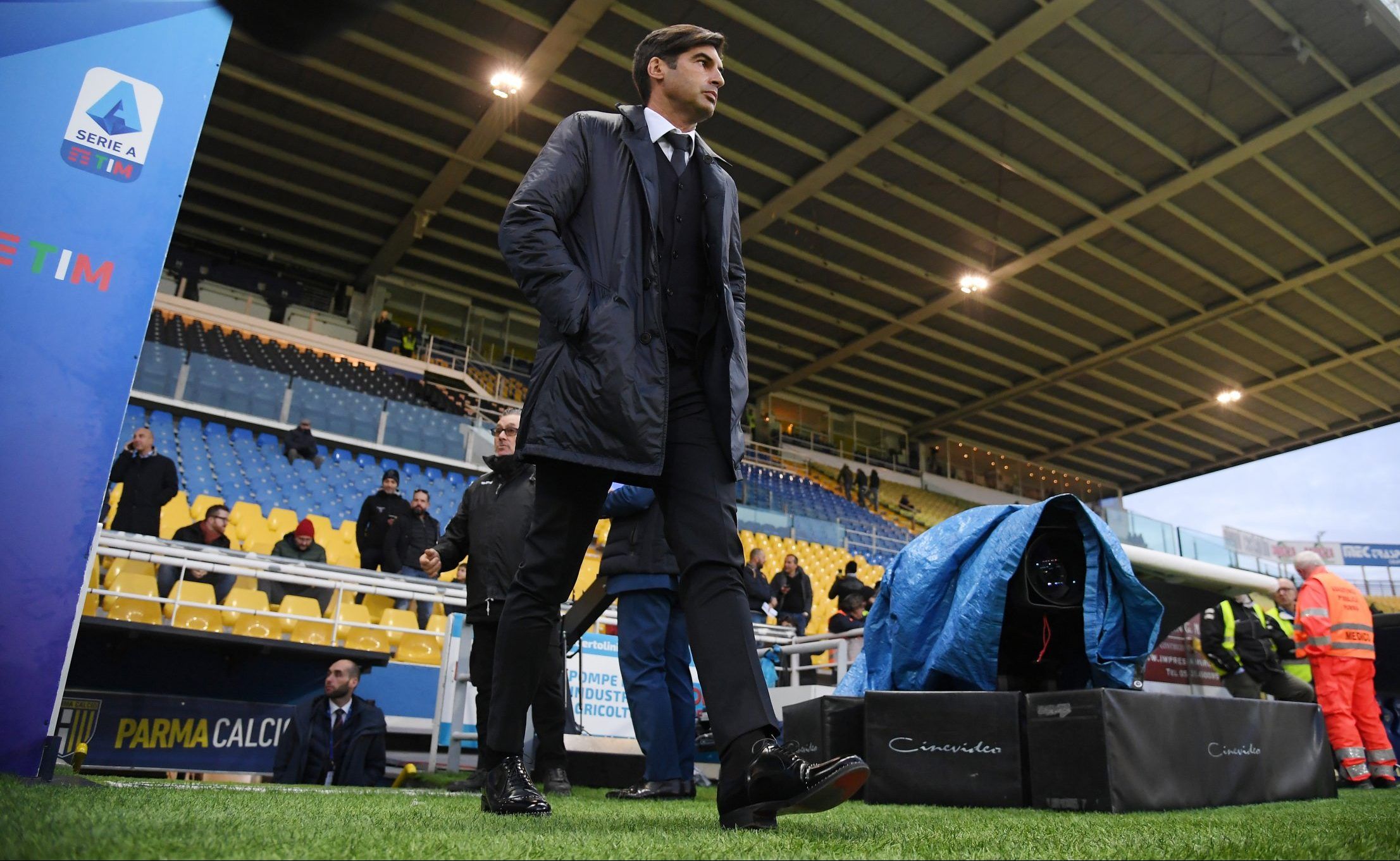 as roma head coach paulo fonseca walks out at the stadio ennio tardini before serie a clash with parma