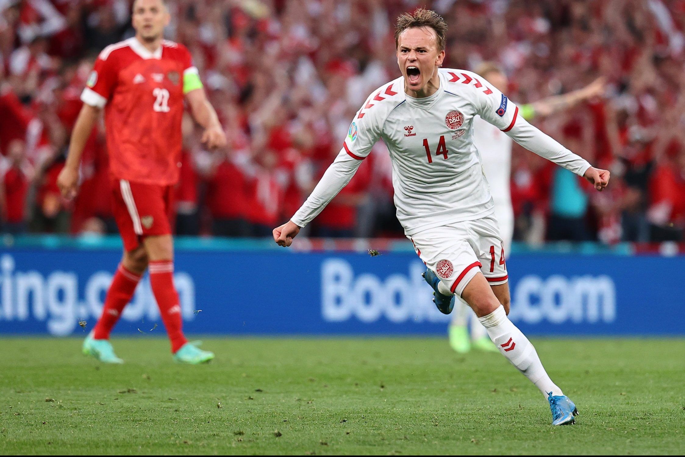 denmark midfielder mikkel damsgaard celebrates scoring against russia at euro 2020 group b clash