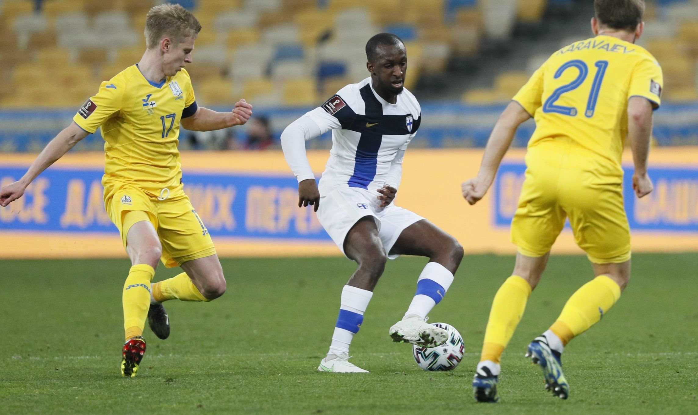 finland and rangers midfielder glen kamara in action against ukraine world cup qualifier