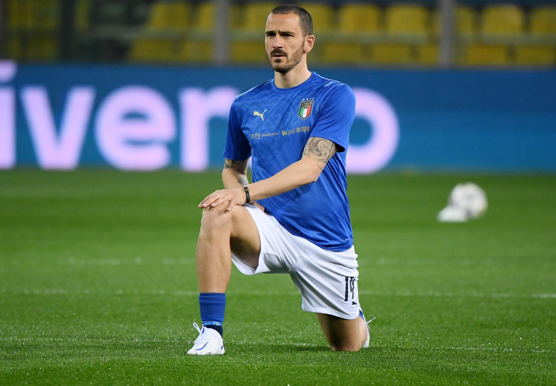 italy and juventus defender leonardo bonucci during warm up before world cup qualifying clash with northern ireland