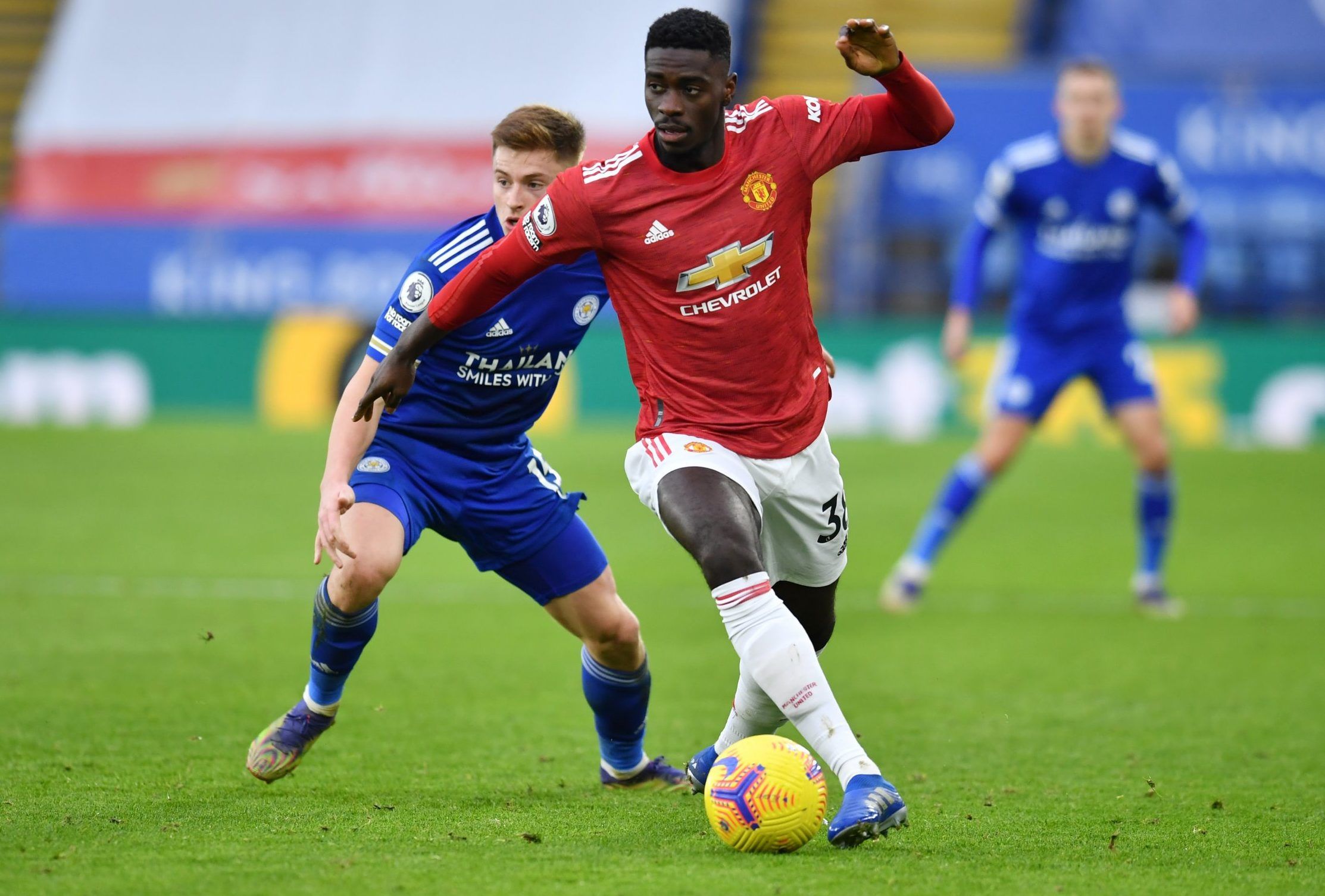manchester united defender axel tuanzebe in action against leicester city in the premier league