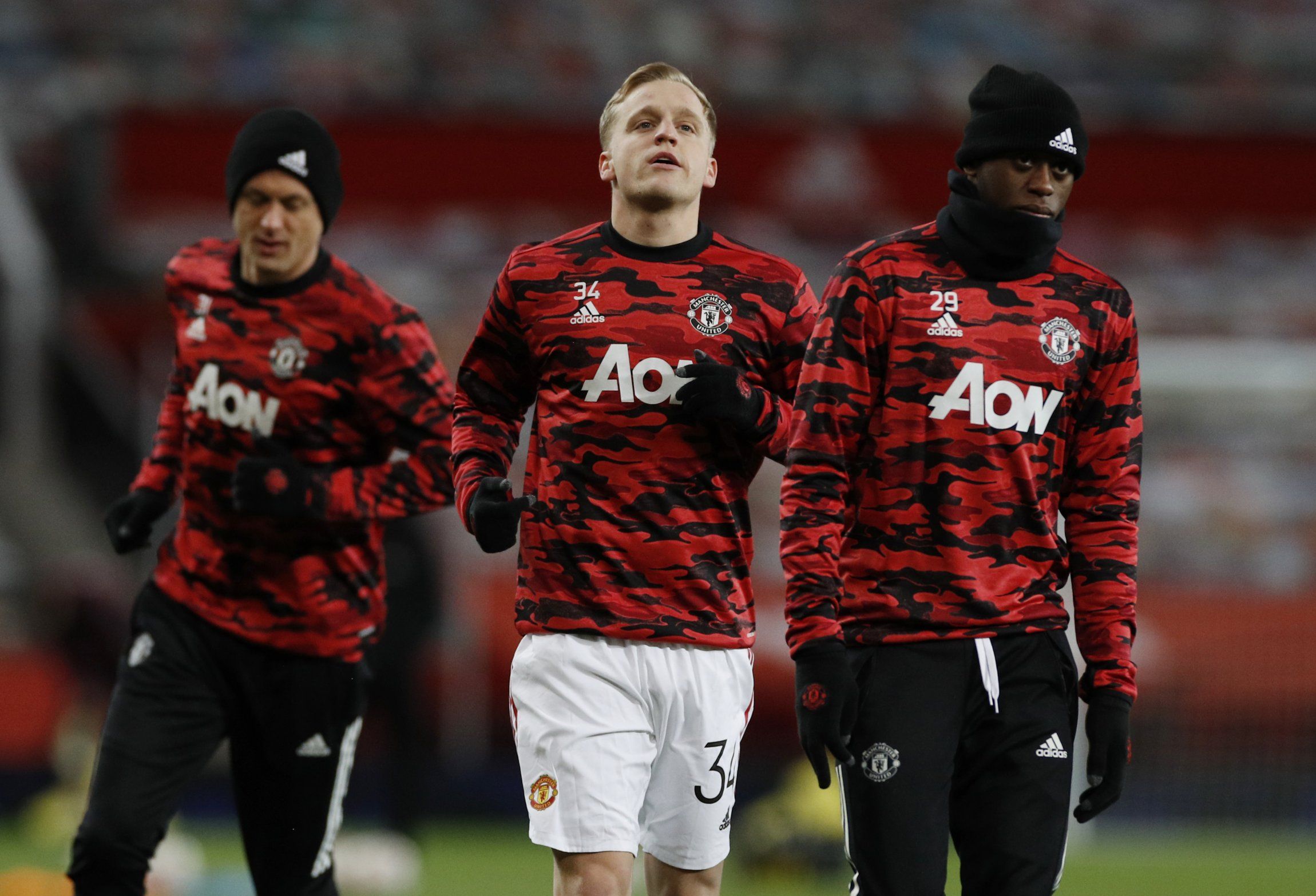 manchester united midfielder donny van de beek during warm up against west ham in the fa cup fifth round