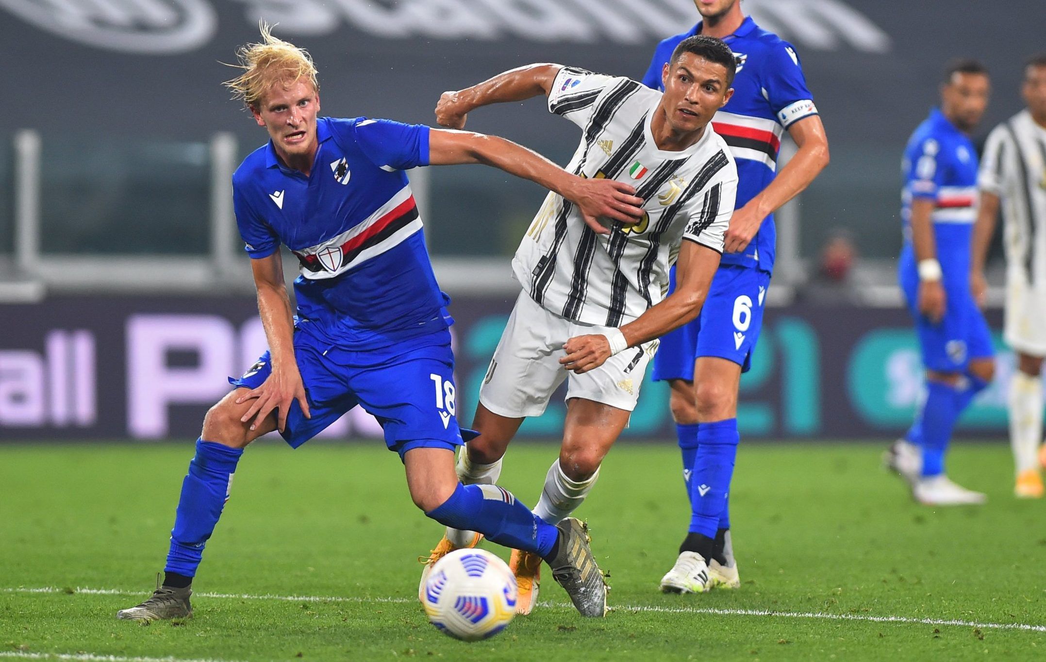sampdoria midfielder morten thorsby in action with juventus star cristiano ronaldo