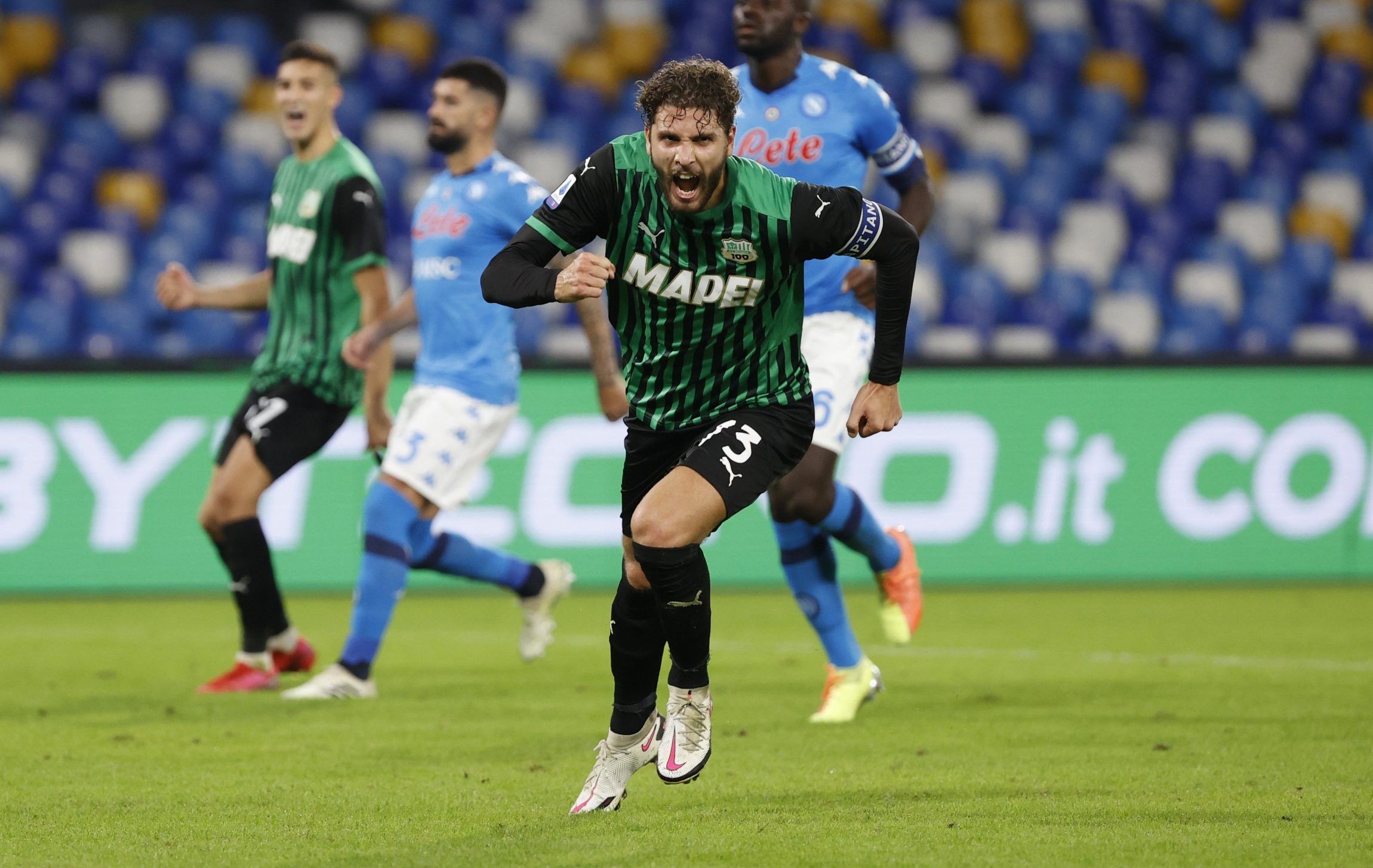 sassuolo midfielder manuel locatelli celebrates scoring against napoli in serie a