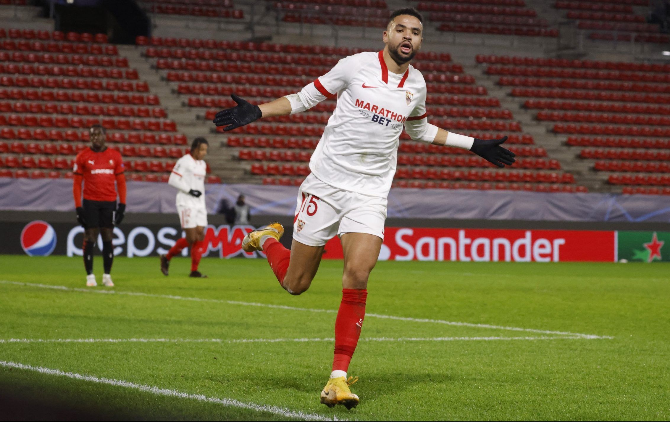 sevilla forward youssef en nesyri celebrates scoring against rennes in the champions league