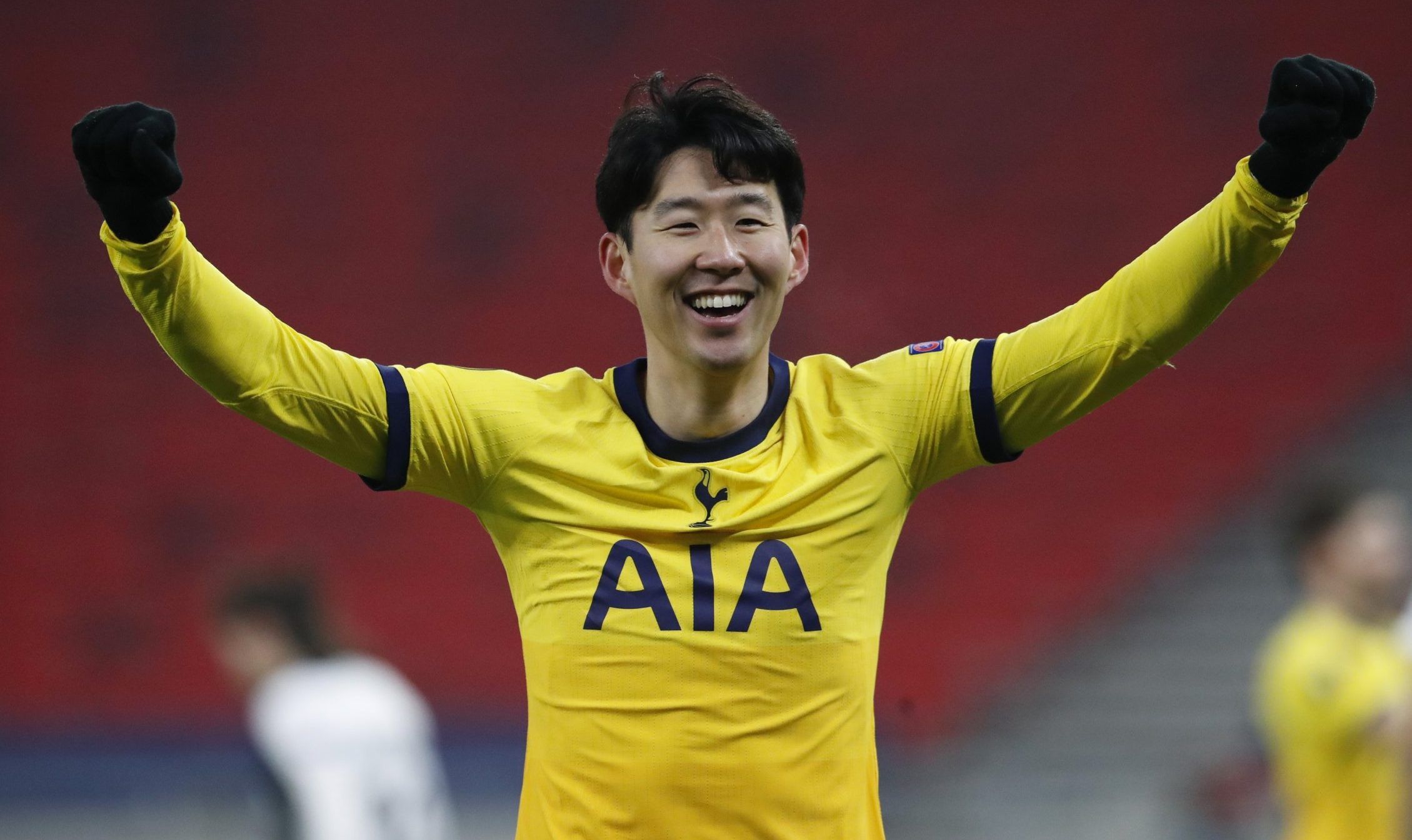 spurs forward heung-min son celebrates scoring against wolfsberger in the europa league