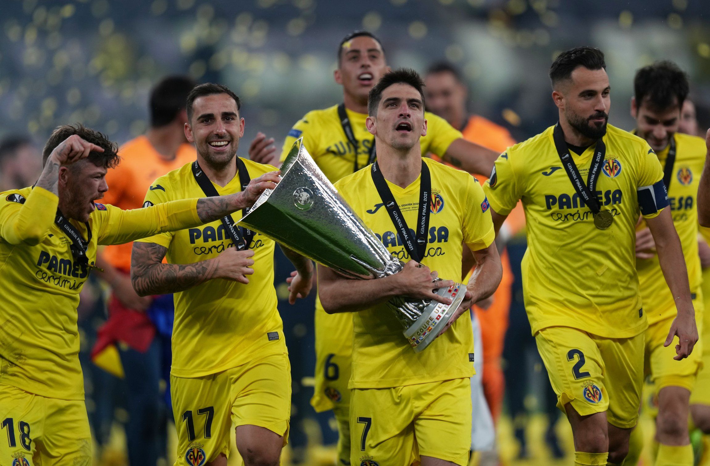 villarreal forward gerard moreno celebrates winning the europa league over manchester united