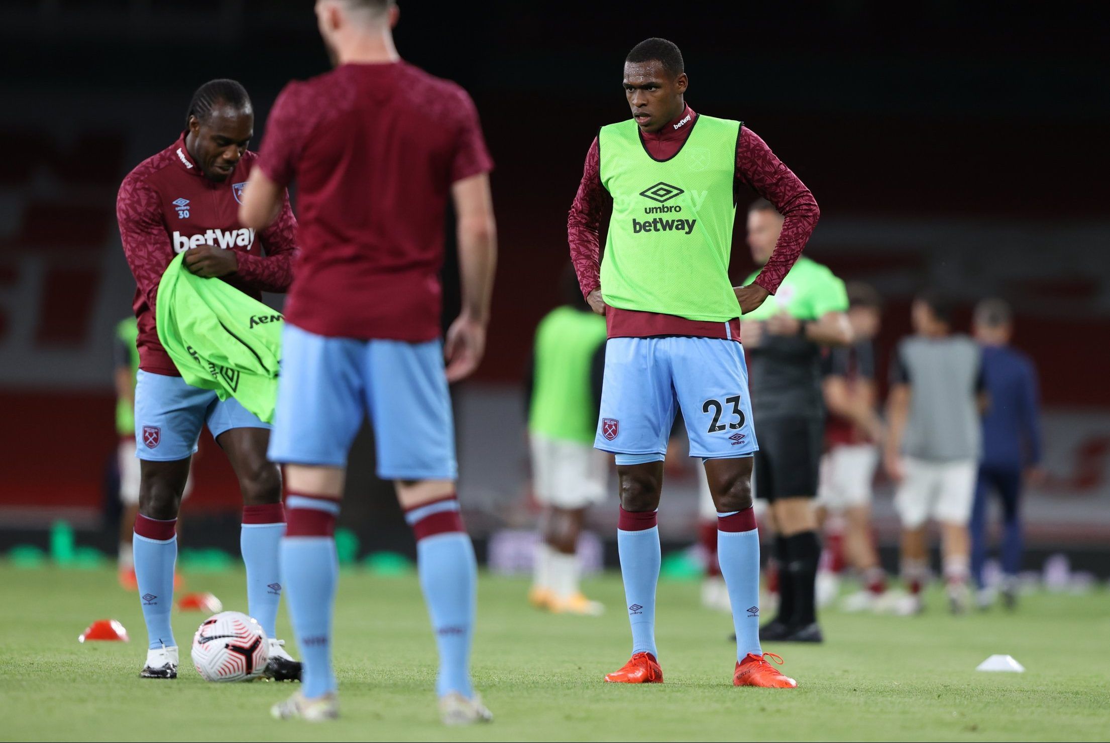 west ham defender issa diop looks on during warm up against arsenal in the premier league