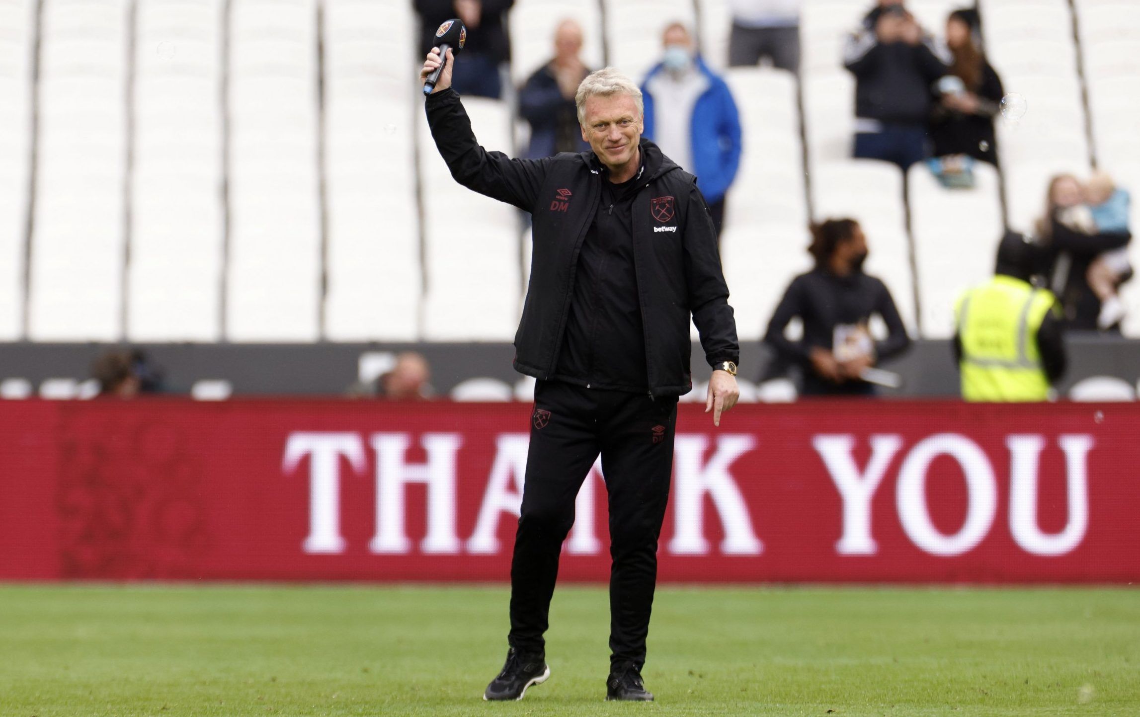 west ham manager david moyes addresses the fans after win over southampton on final premier league game